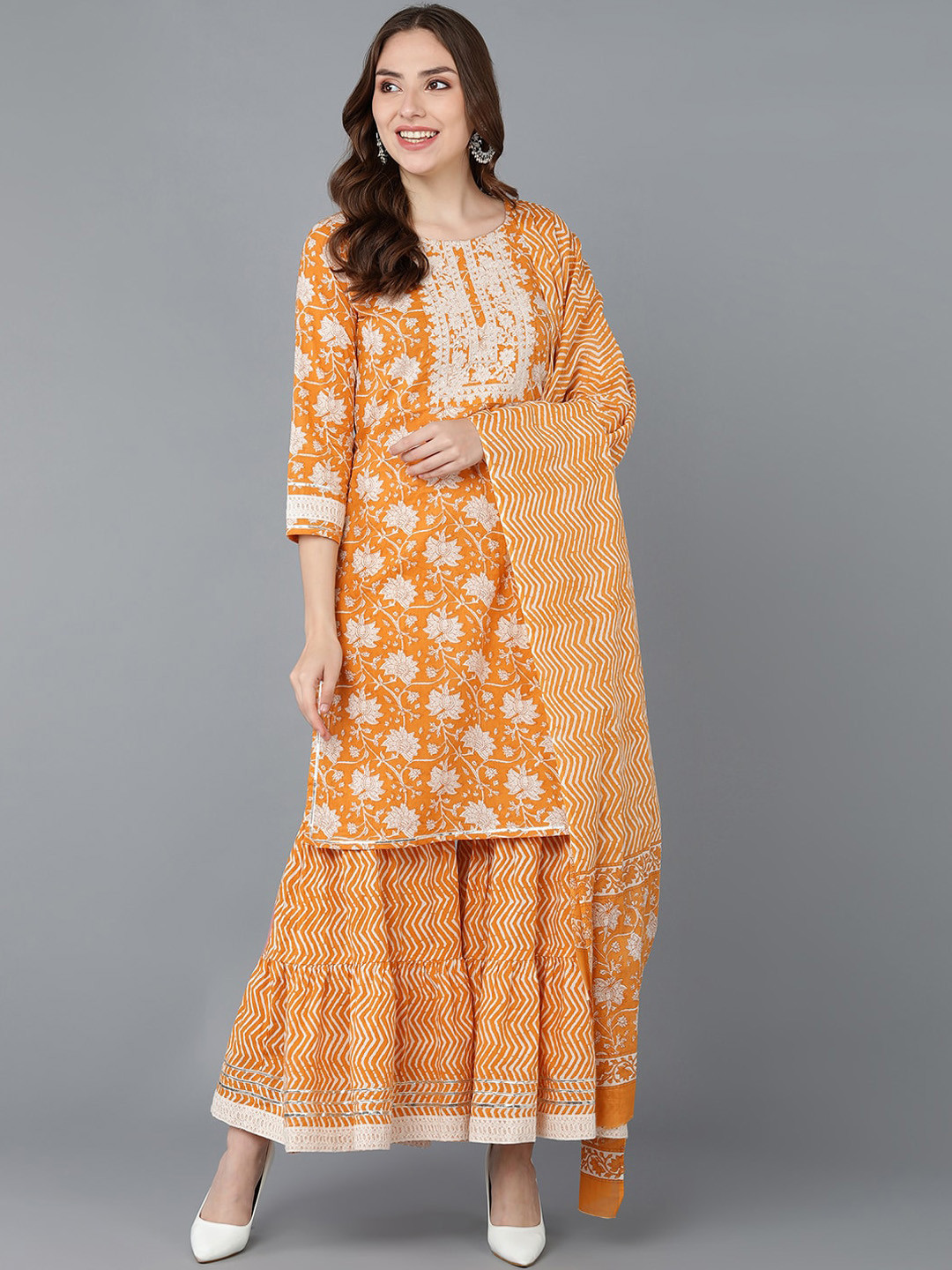 AHIKA Women Orange Ethnic Motifs Printed Pure Cotton Kurta Set with Dupatta