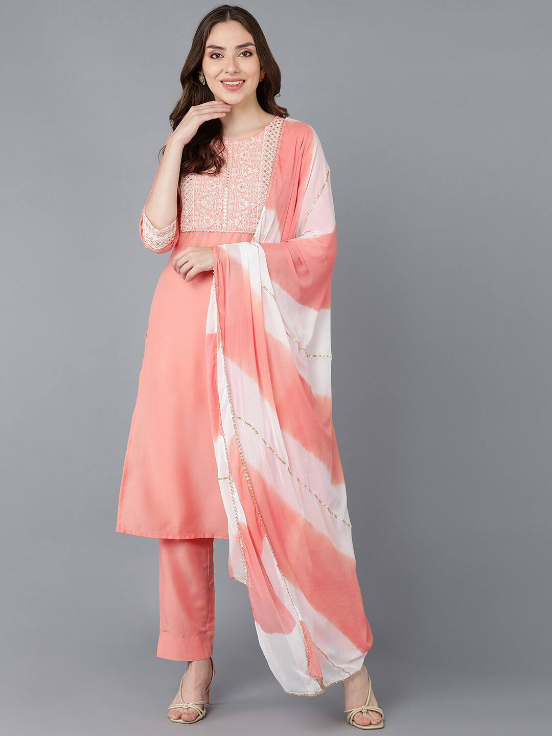 AHIKA Women Pink Embroidered High Slit Kurti with Trousers & With Dupatta