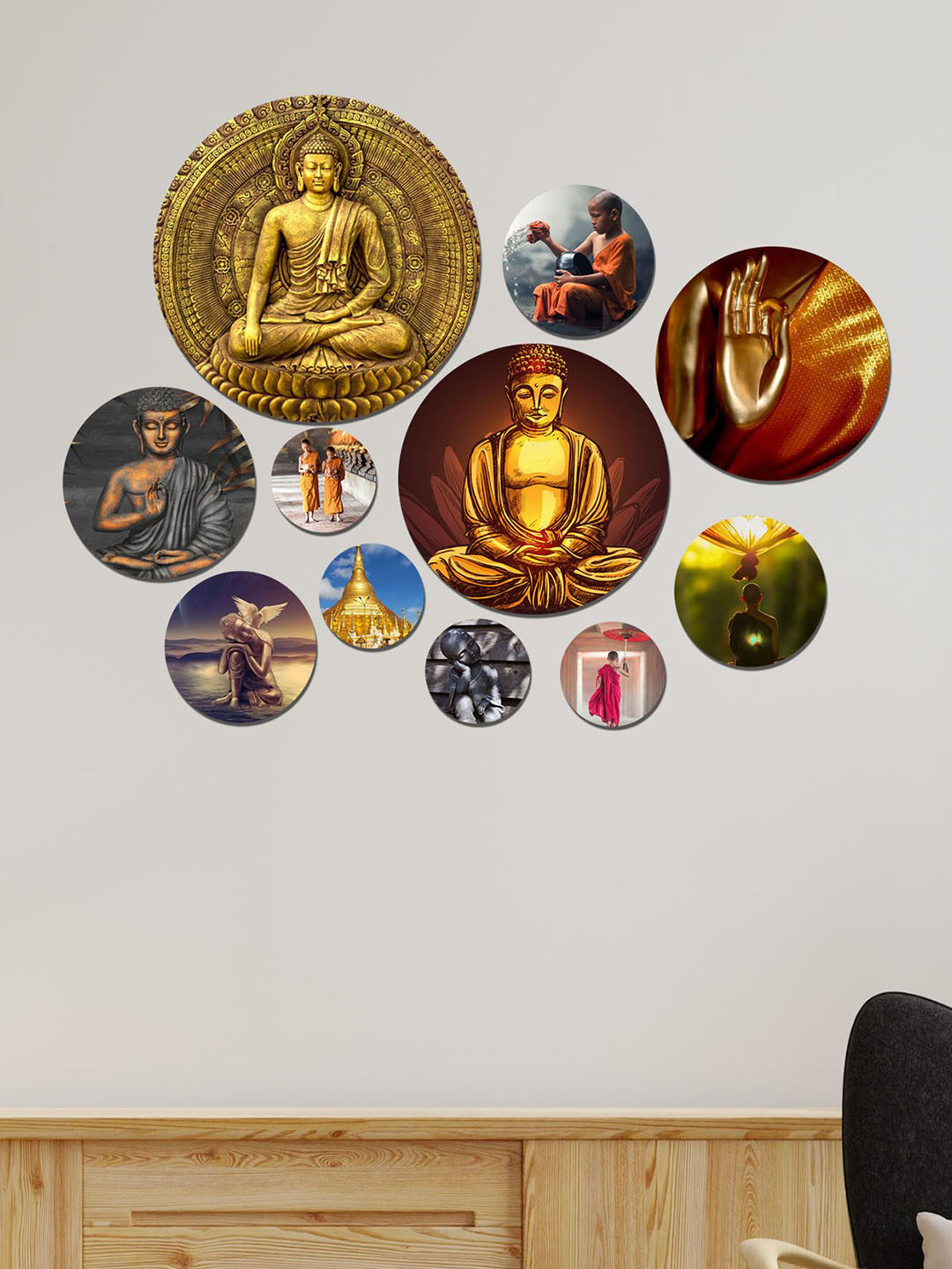 ArtVibes Wood Crafted Ceramics Glossy Sticking Hall 11Pcs Spiritual Wall Decor-7.5In