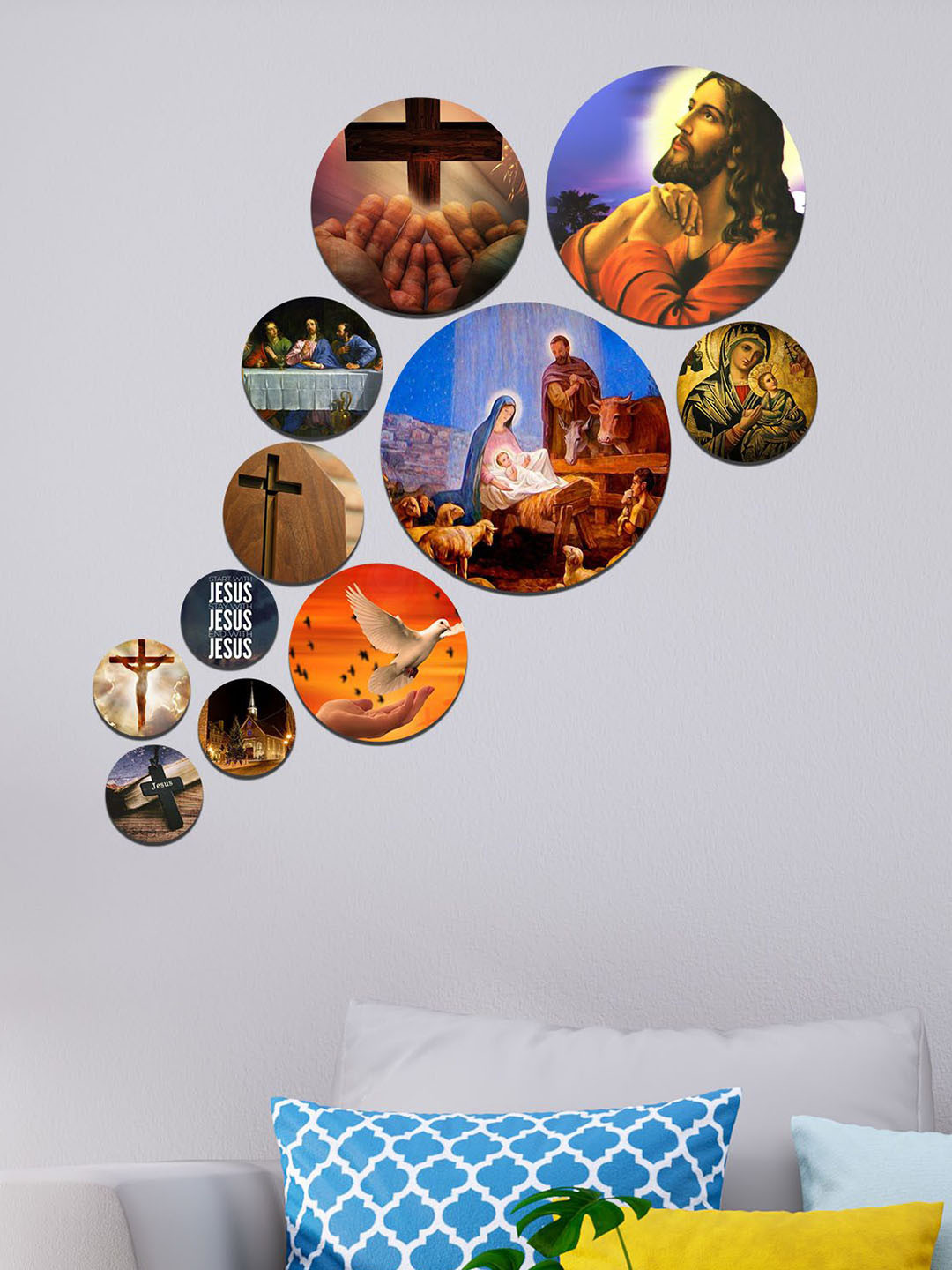 ArtVibes MDF Crafted Ceramics Glossy Sticking Hall 11Pcs Spiritual Wall Decor-25.6In