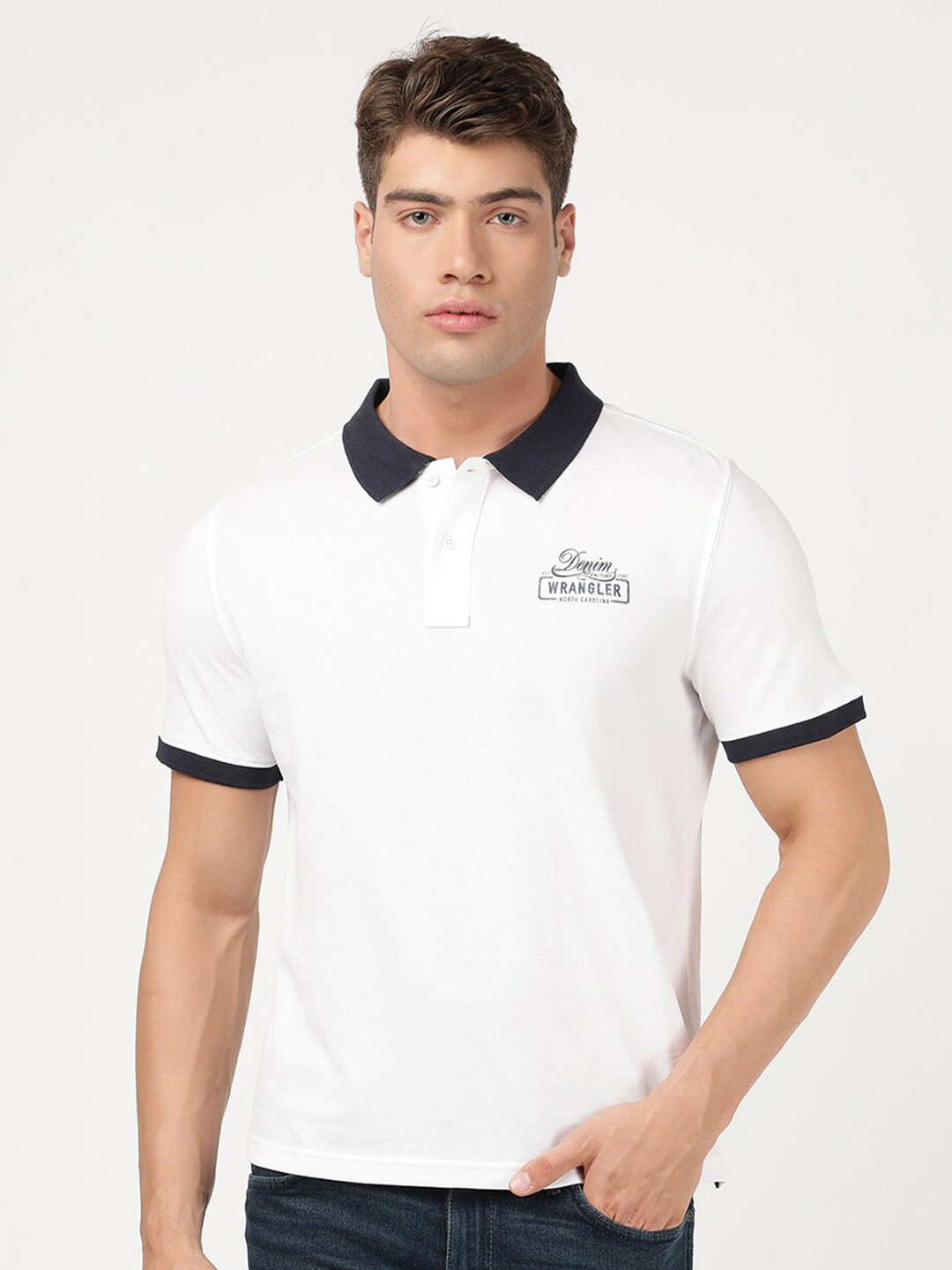 Wrangler Men White Brand Logo Polo Collar T-shirt
