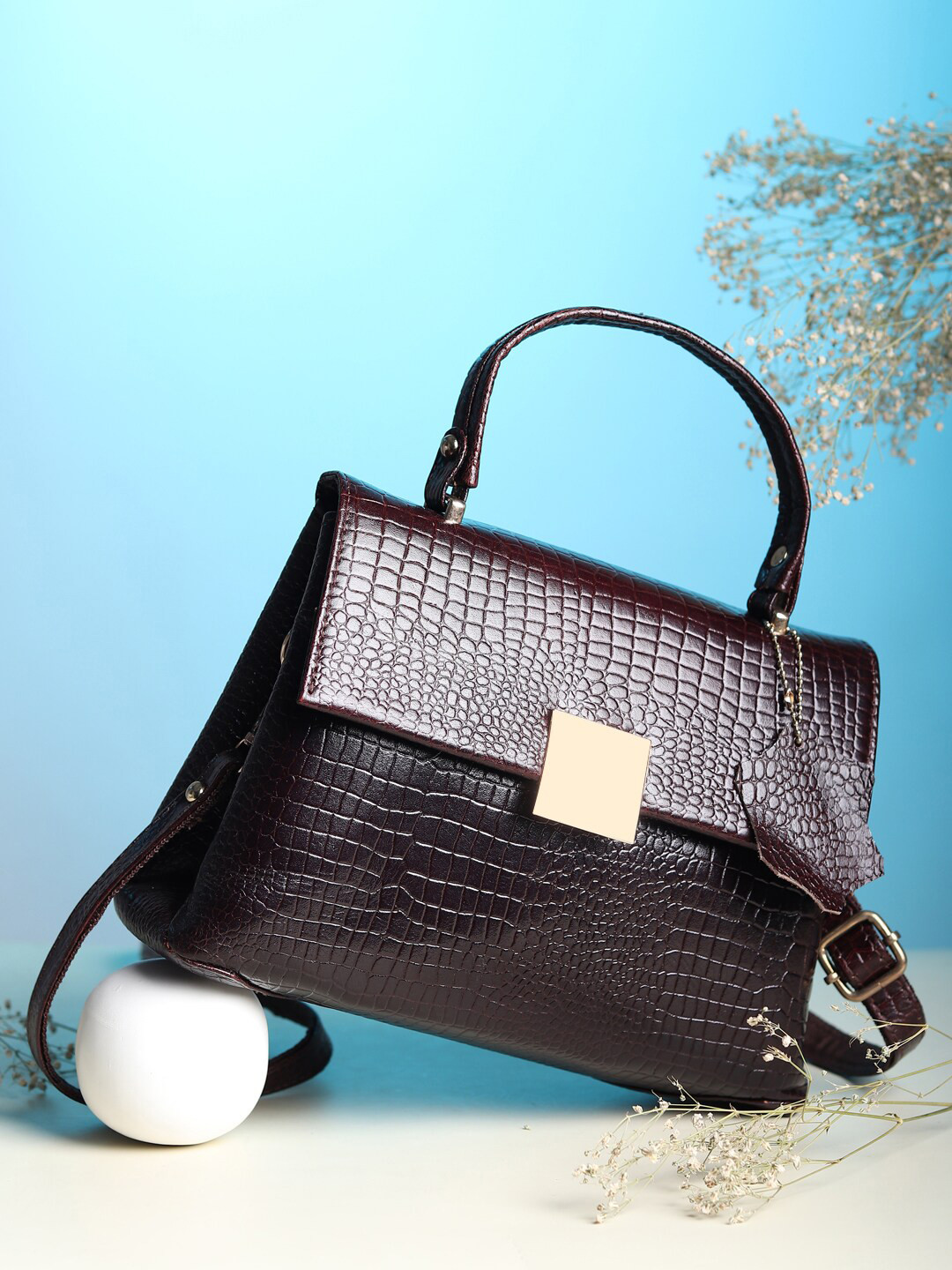 AMYENCE Coffee Brown Textured Leather Structured Sling Bag