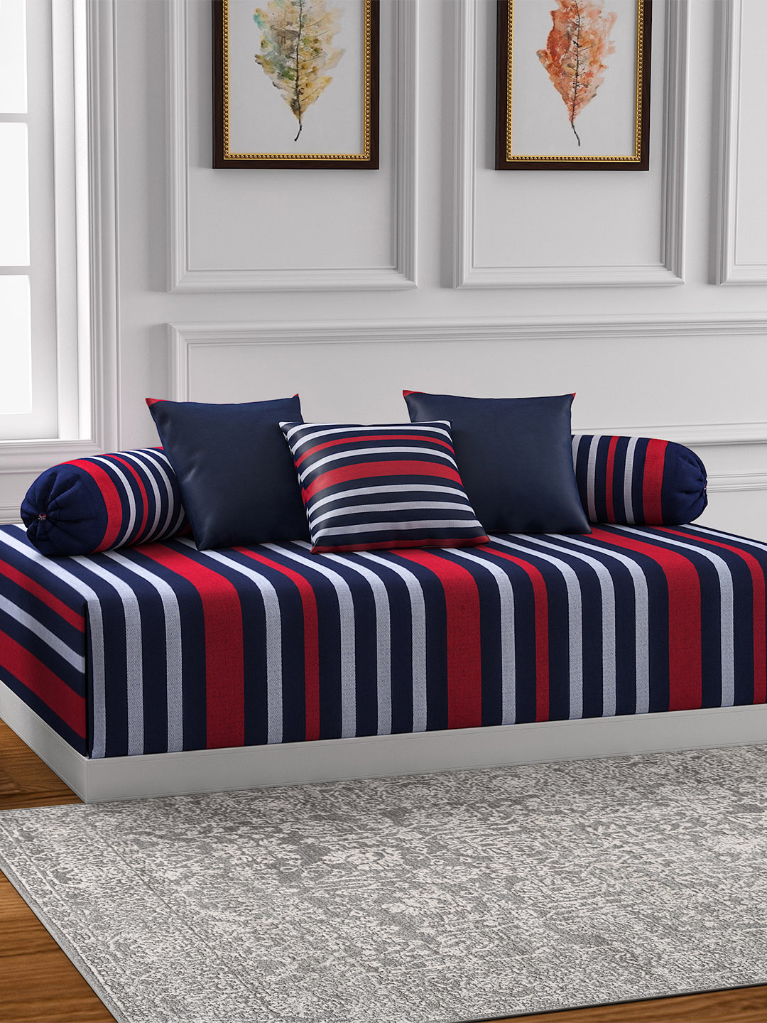 Swayam Navy Blue & Red Striped Diwan Set with Bolster and Cushion Covers