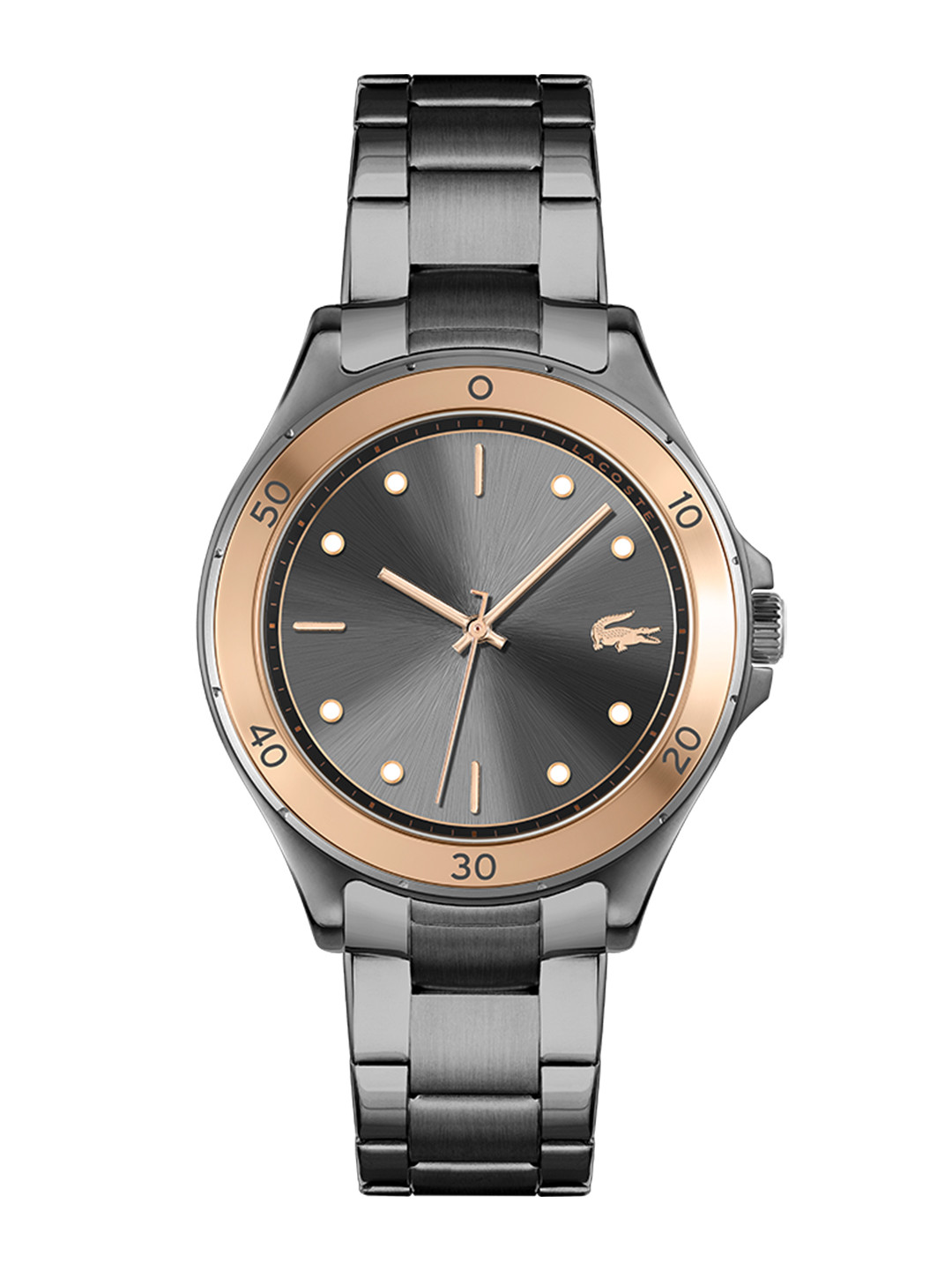Lacoste Women Grey Brass Embellished Dial & Grey Stainless Steel Bracelet Style Straps Analogue Watch
