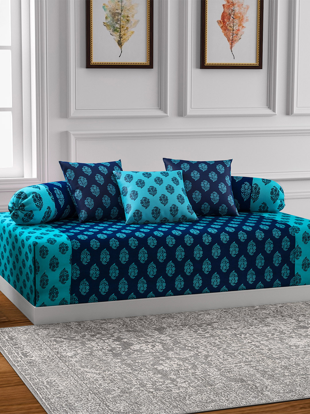 Swayam Indigo Oasis Blue/Teal Ethnic Motif 6PCs Cotton Diwan Set for Living Room