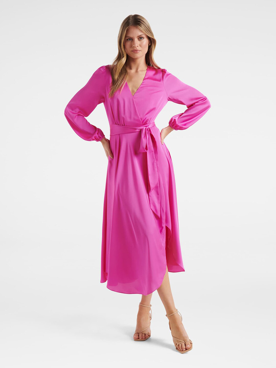 Forever New Pink Satin Midi Dress
