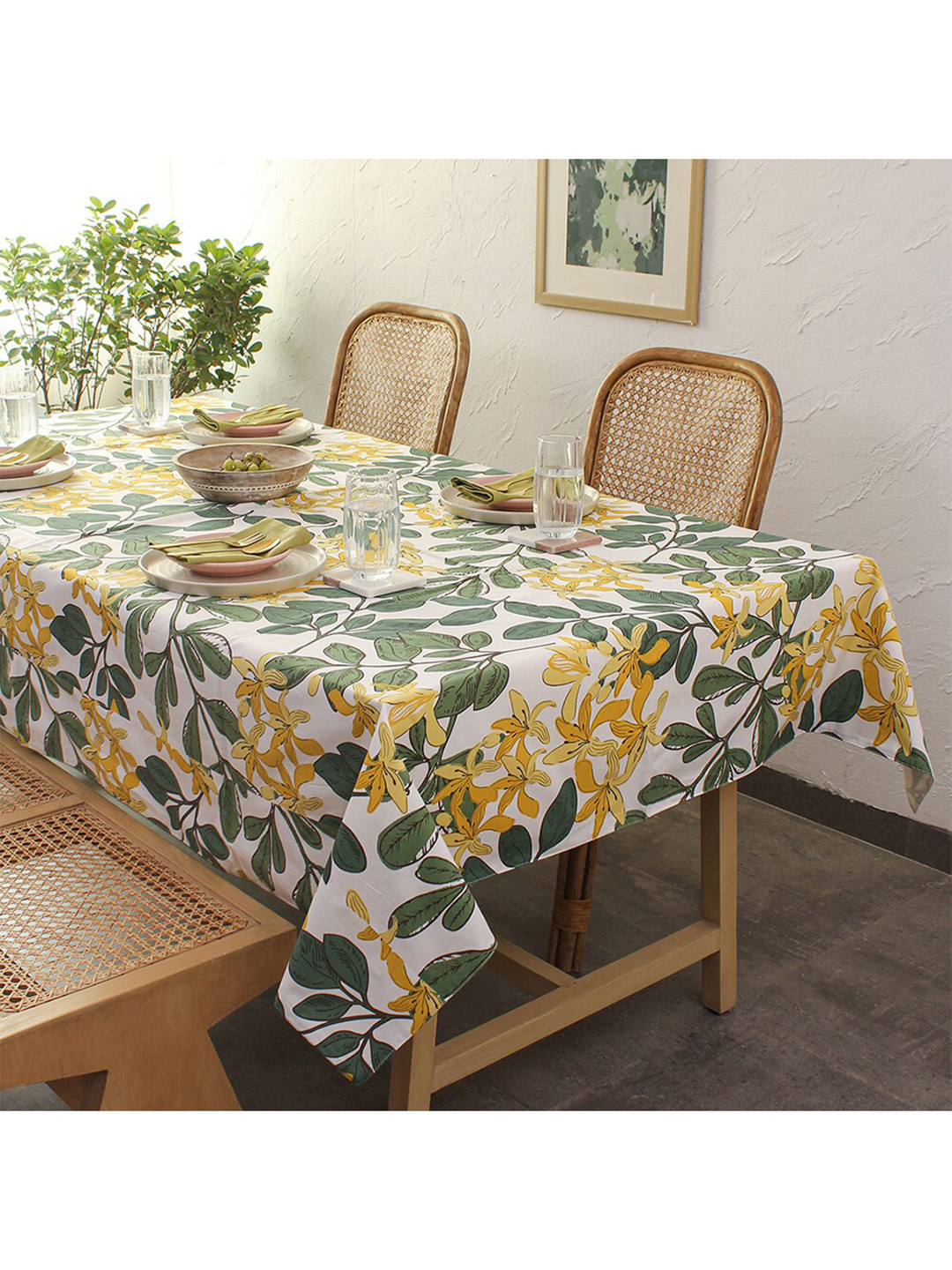 House This White & Green Floral Printed Cotton Table Cover