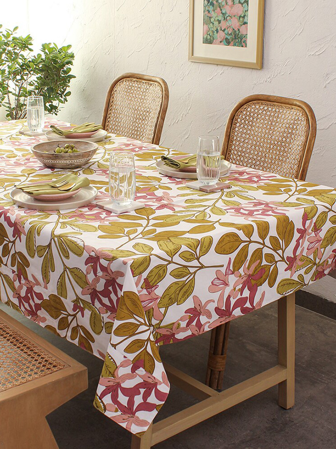 House This Moringa Pink & White Floral Printed Cotton Rectangle Shape 8 Seater Table Cover
