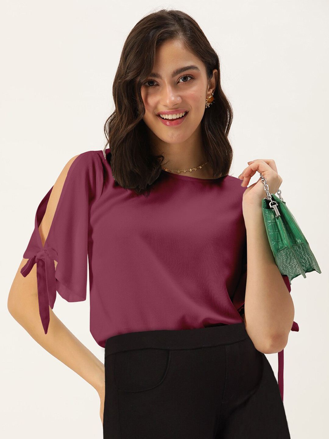 DressBerry Mauve Solid Slit Sleeved Top