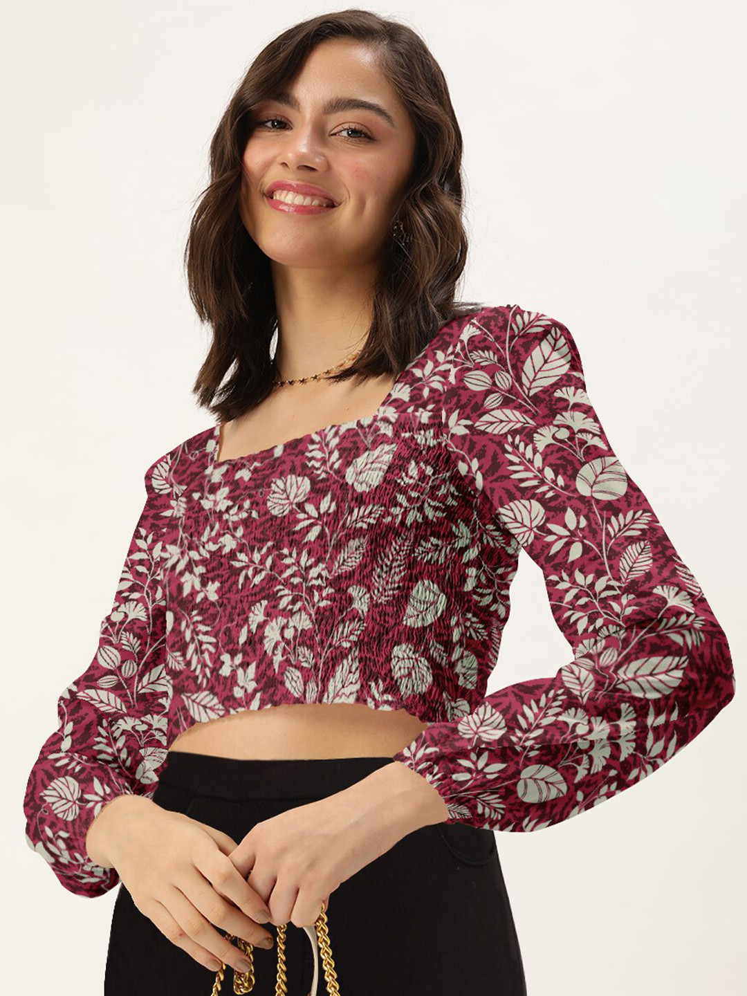 DressBerry Pink Floral Printed Square Neck With Smocked Top