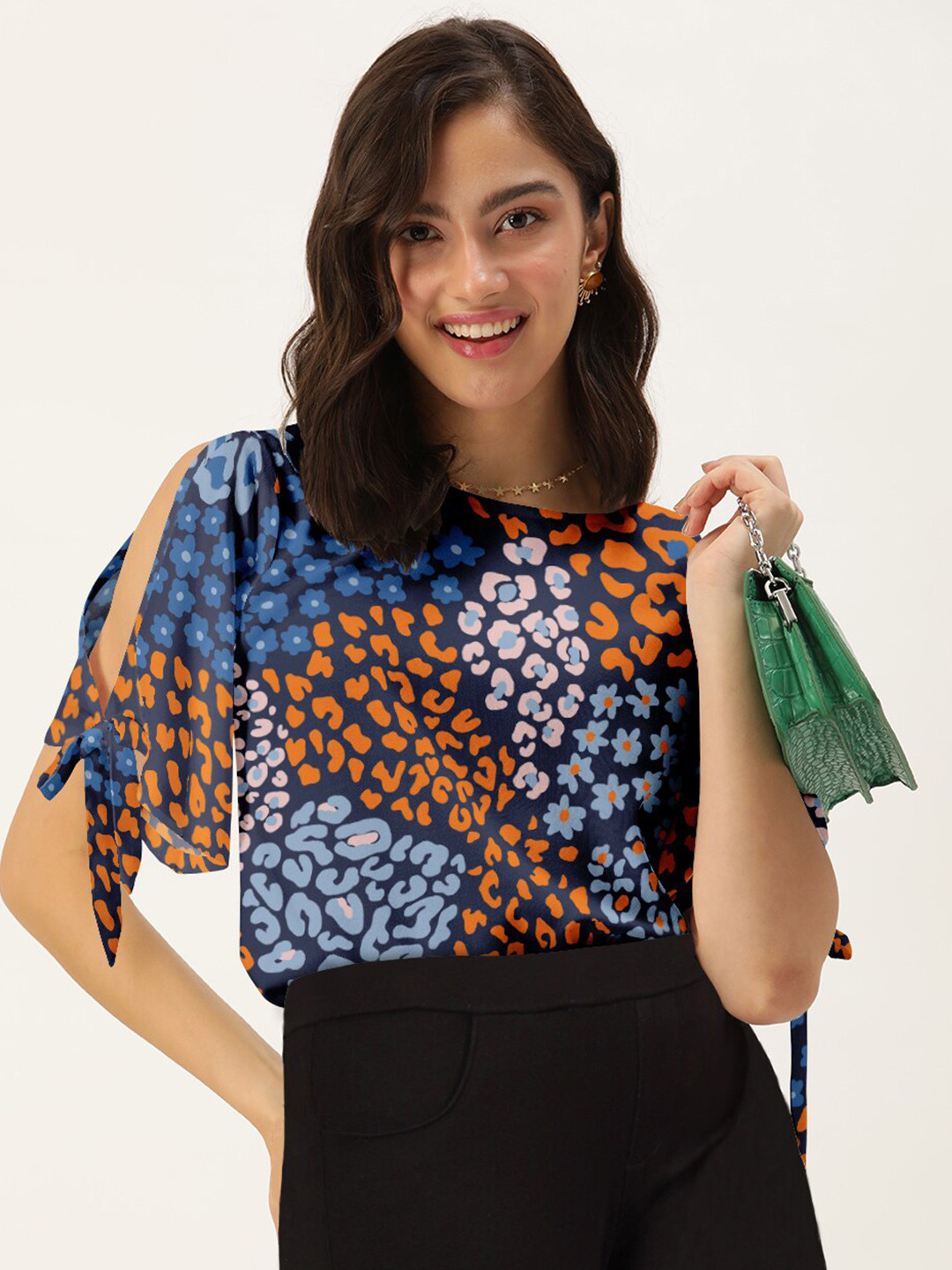 DressBerry Navy Blue & Orange Floral Print Top
