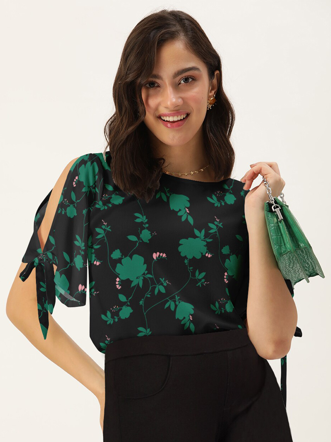 DressBerry Black & Green Floral Printed Top