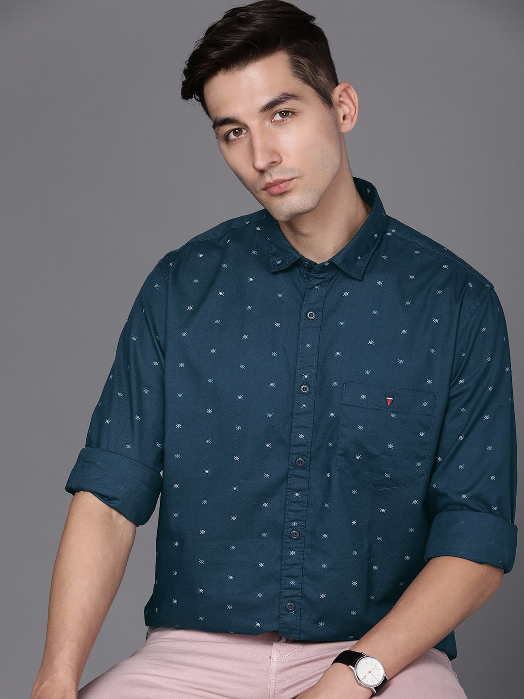 Louis Philippe Jeans Men Teal Blue Slim Fit Printed Pure Cotton Casual Shirt