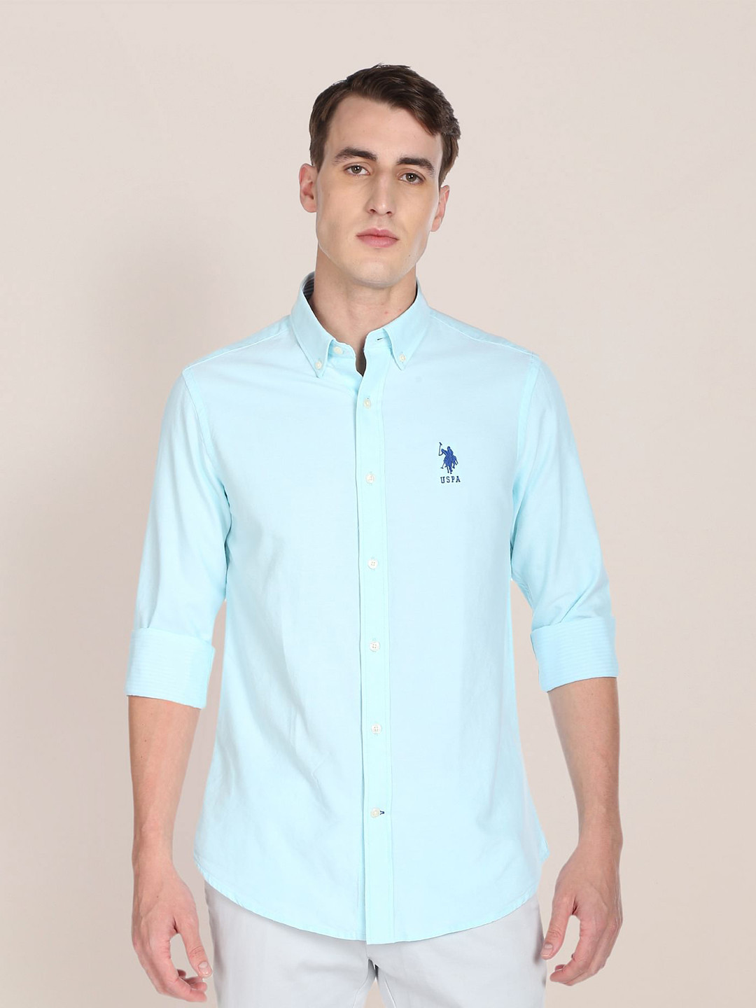 U S Polo Assn Men Light Blue Embroidered Tailored Fit Pure Cotton Casual Shirt