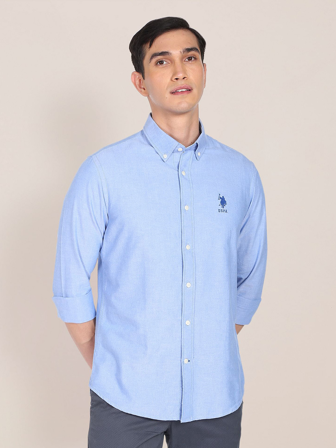 U S Polo Assn Men Light Blue Embroidered Tailored Fit Pure Cotton Casual Shirt