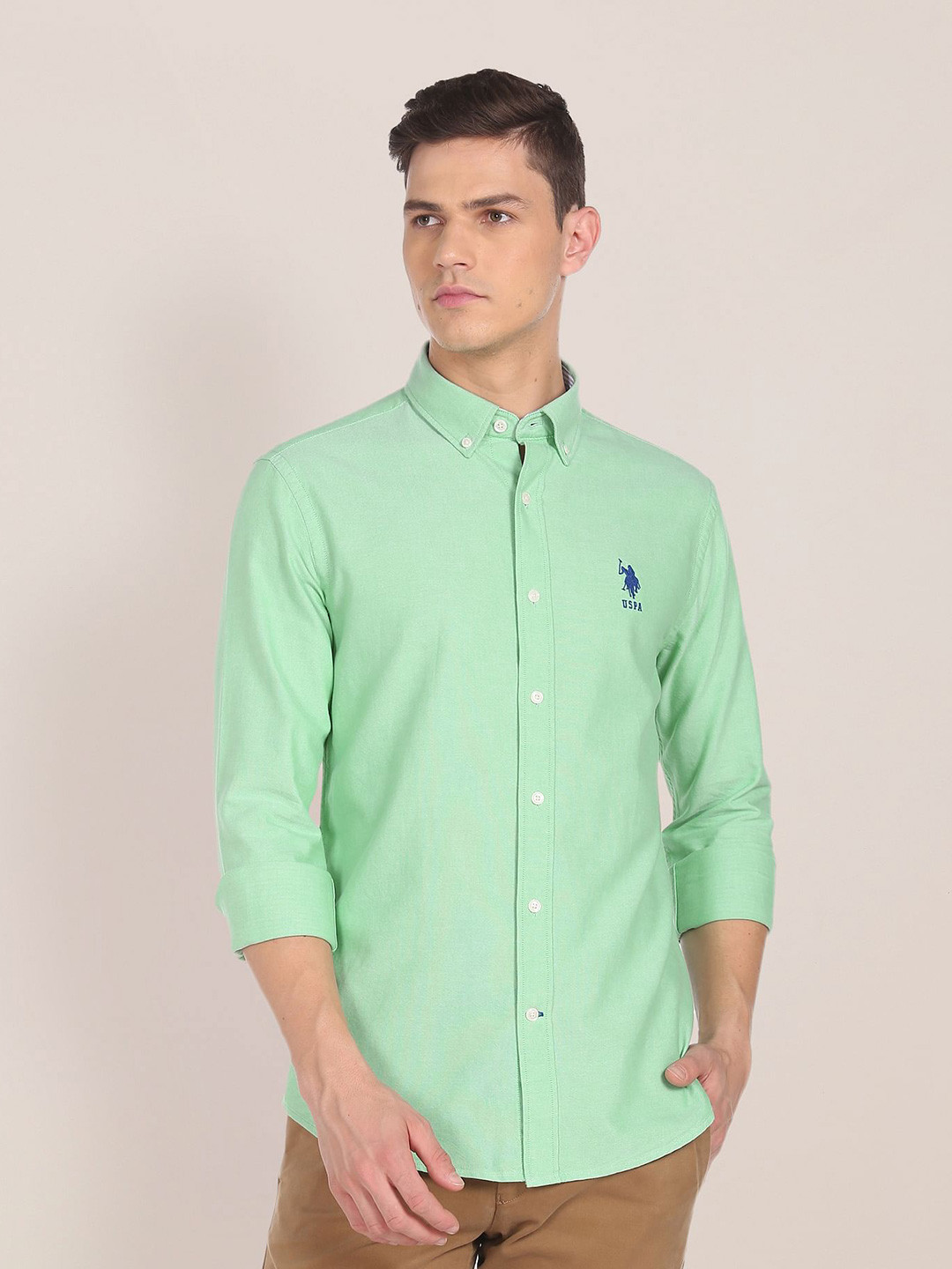 U S Polo Assn Men Light Green Embroidered Tailored Fit Pure Cotton Casual Shirt