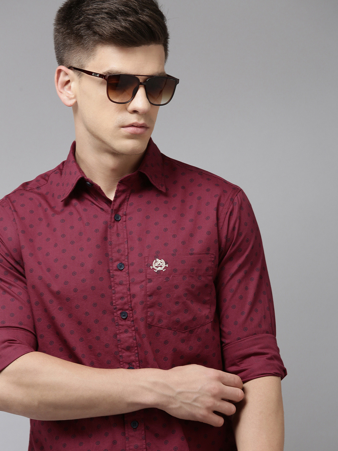 U.S. Polo Assn. Men Maroon Tailored Fit Geometric Opaque Printed Pure Cotton Casual Shirt