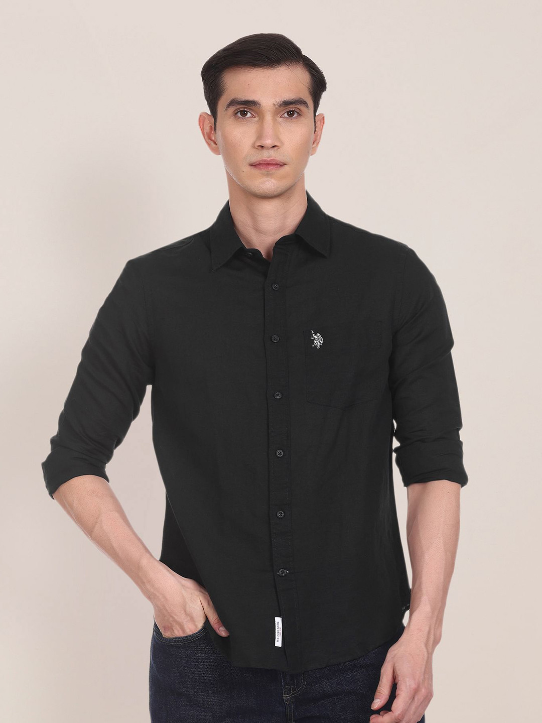 U S Polo Assn Men Solid Tailored Fit Cotton Linen Casual Shirt