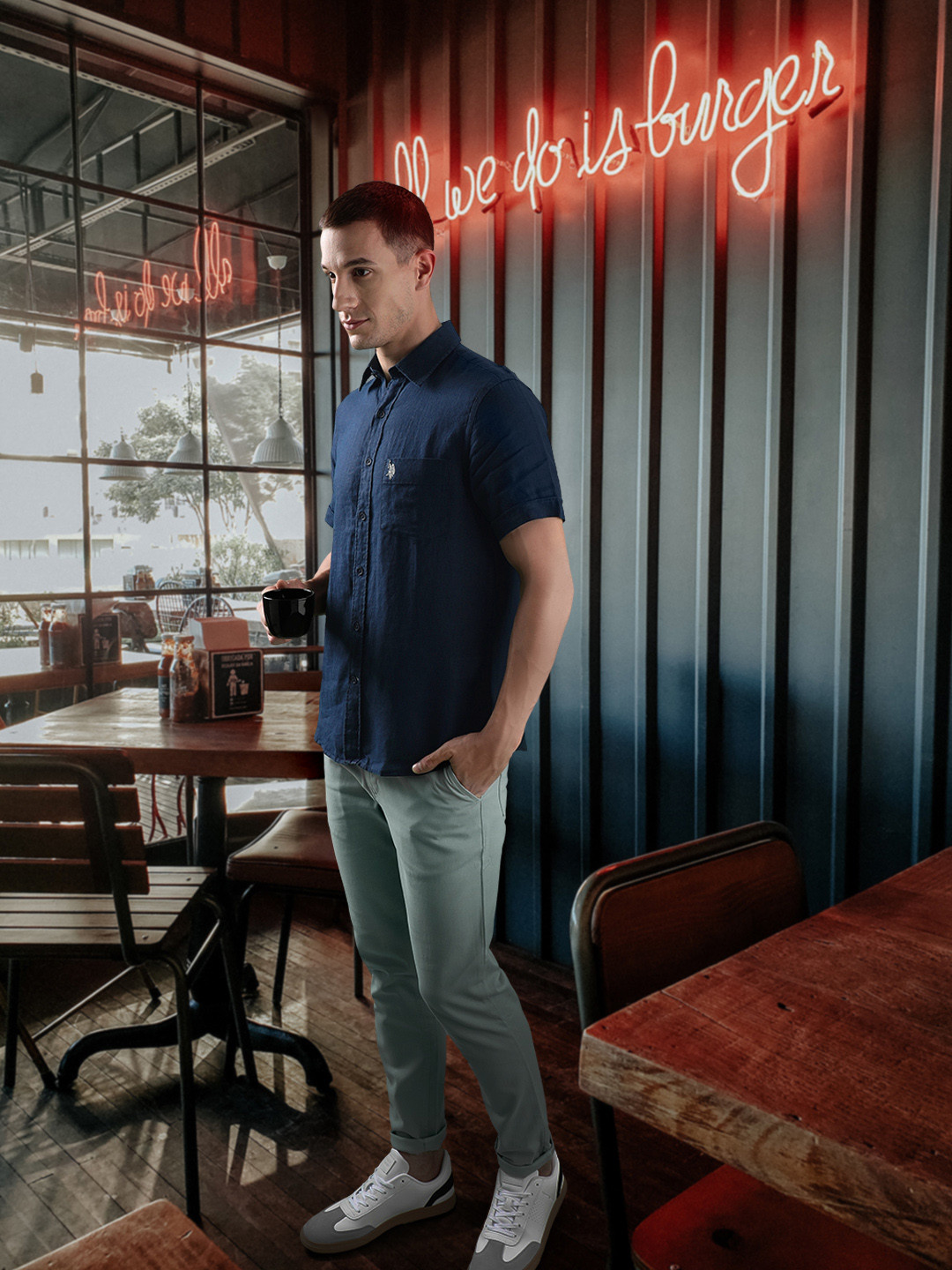 U S Polo Assn Men Navy Blue Solid Linen Casual Shirt