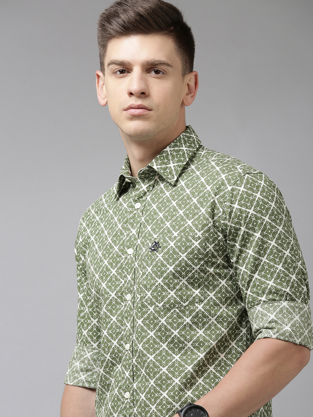 U S Polo Assn Men Olive Green And White Tailored Fit Printed Pure Cotton Casual Shirt