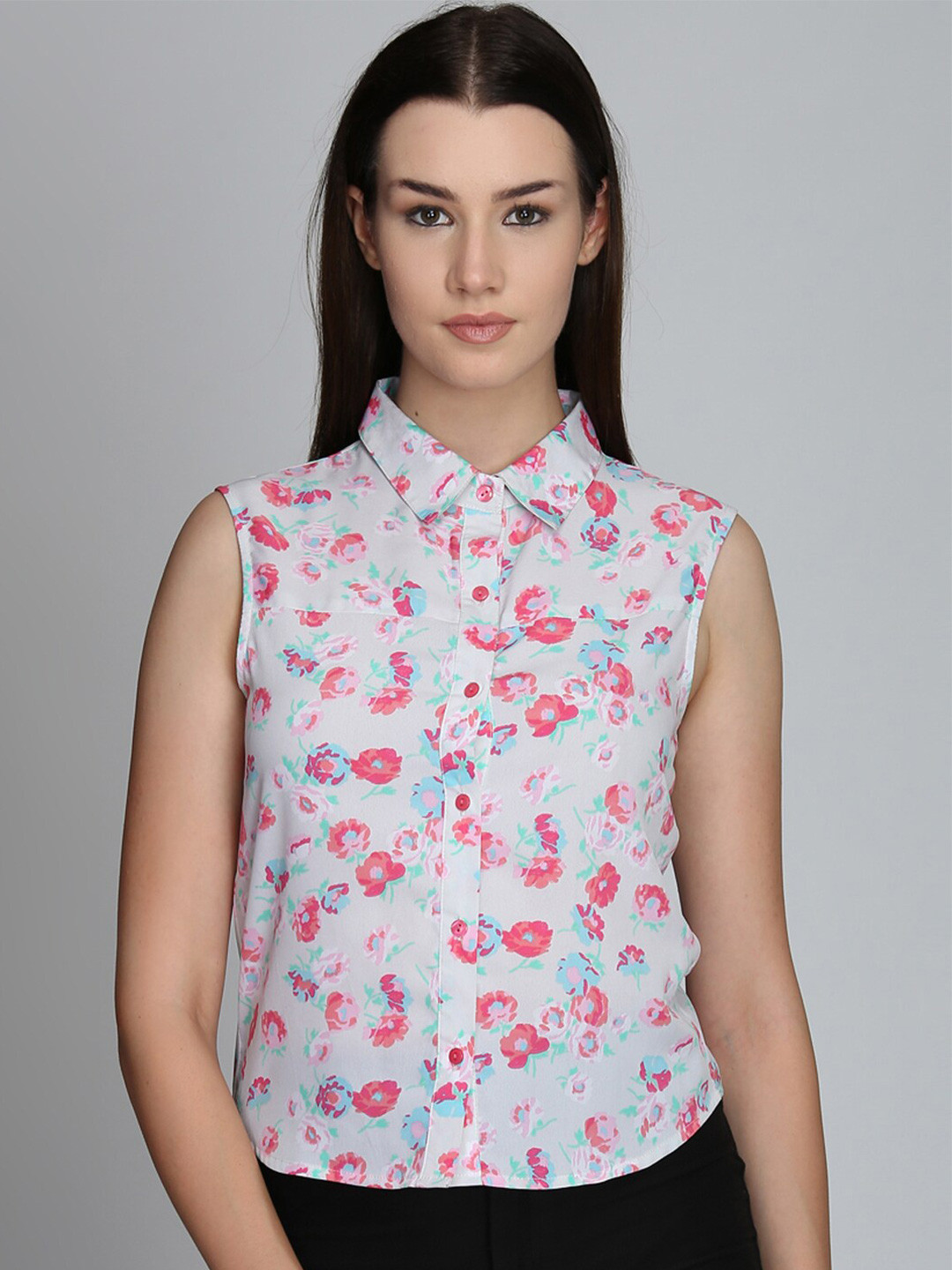 DODO & MOA Women White & Blue Floral Print Shirt Style Crop Top