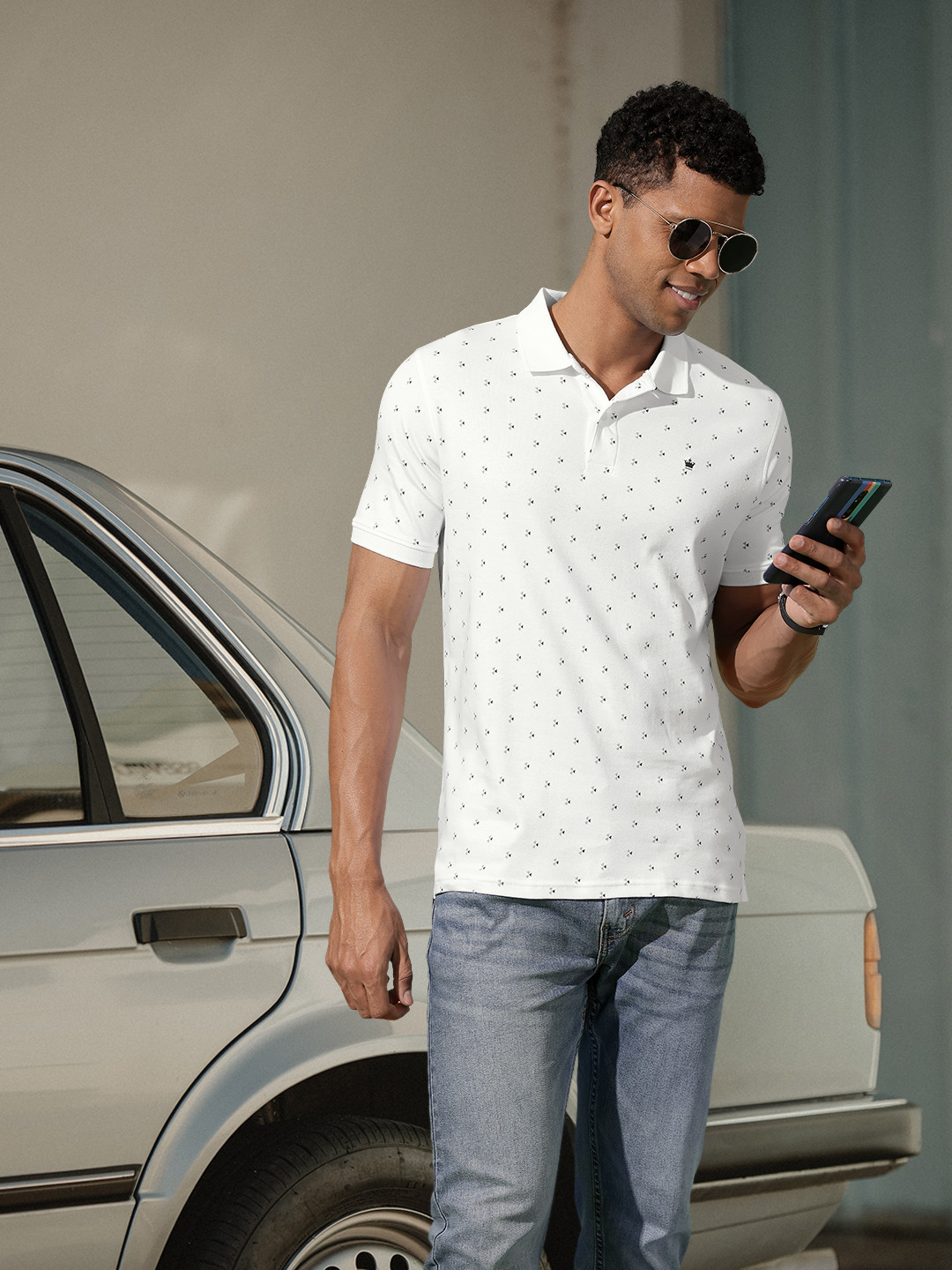 Louis Philippe Men White & Black Printed Polo Collar T-shirt