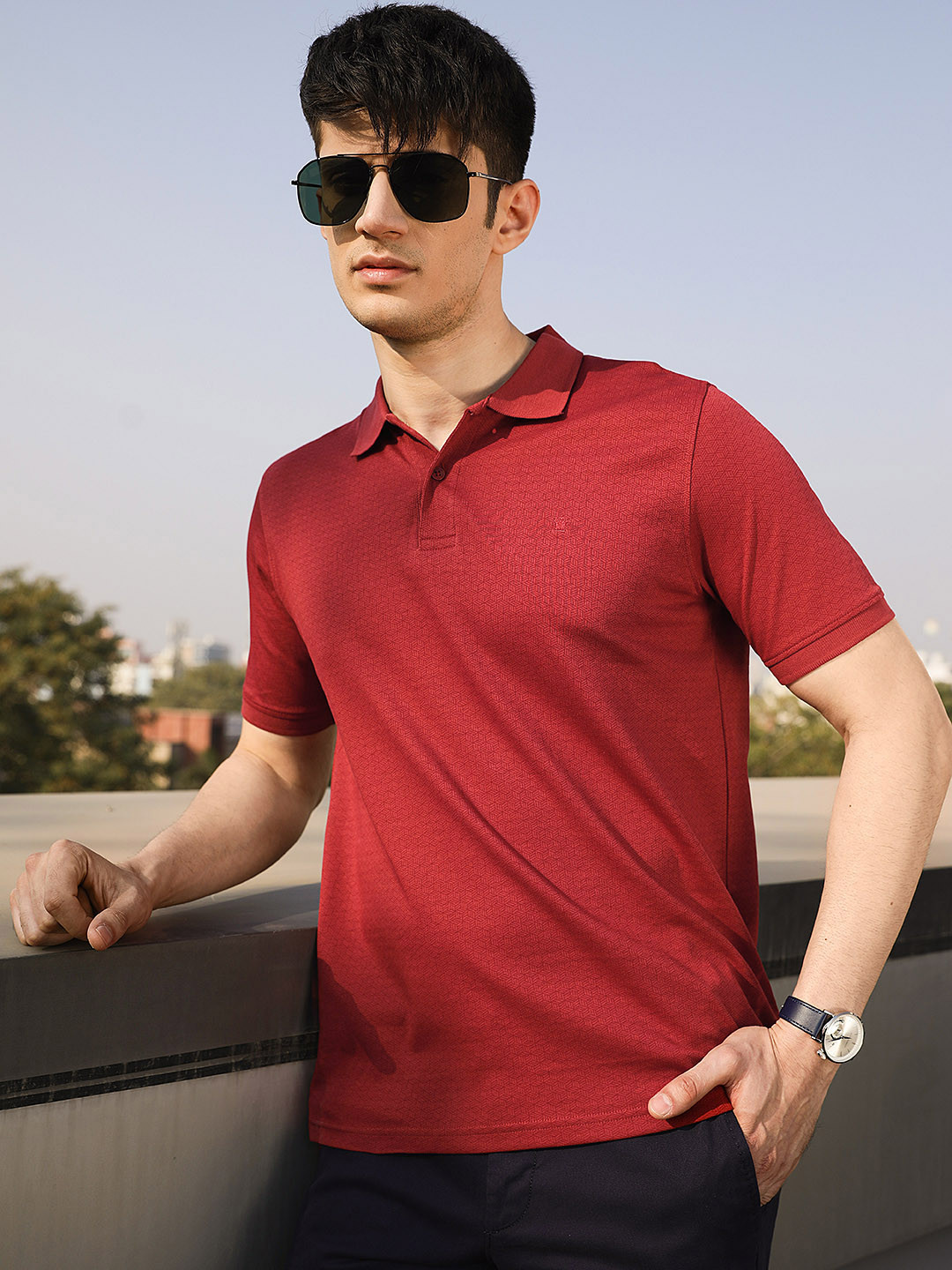 Louis Philippe Men Rust Red Printed Polo Collar Pure Cotton T-shirt