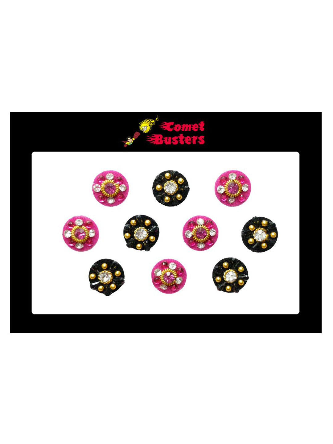 Comet Busters Pink & Black Embellished Round Shaped Bindis - 10 Pcs