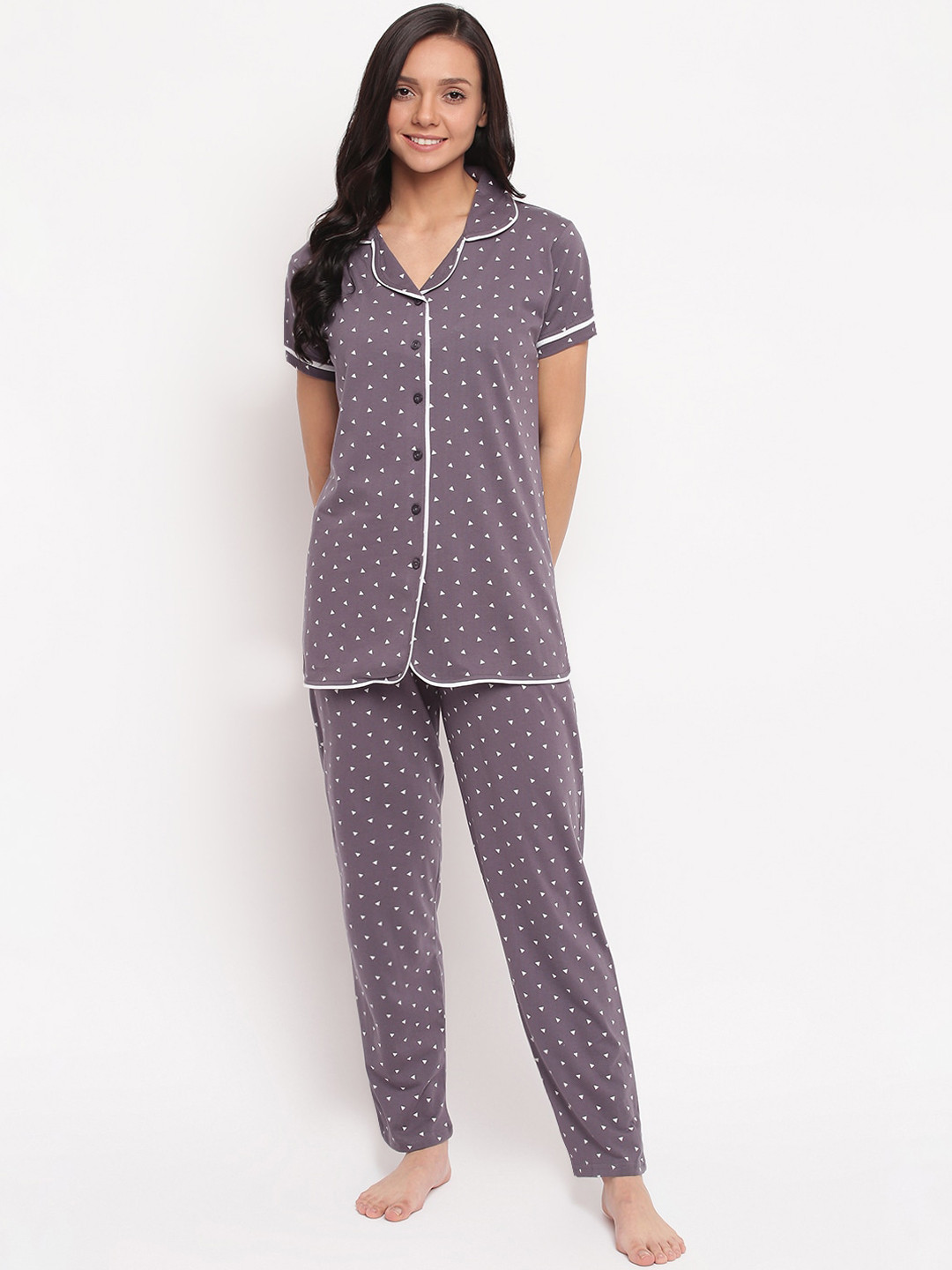 Style Dunes Women Grey & White Printed Pure Cotton Night suit
