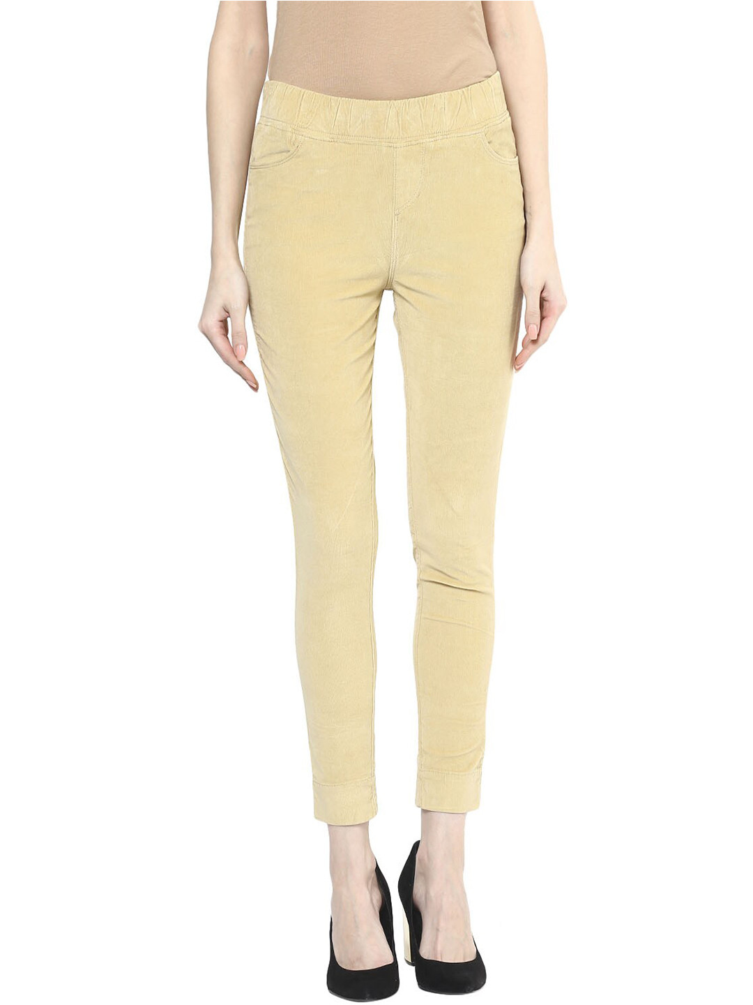 Xpose Women Beige Solid Relaxed-Fit Corduroy Jeggings