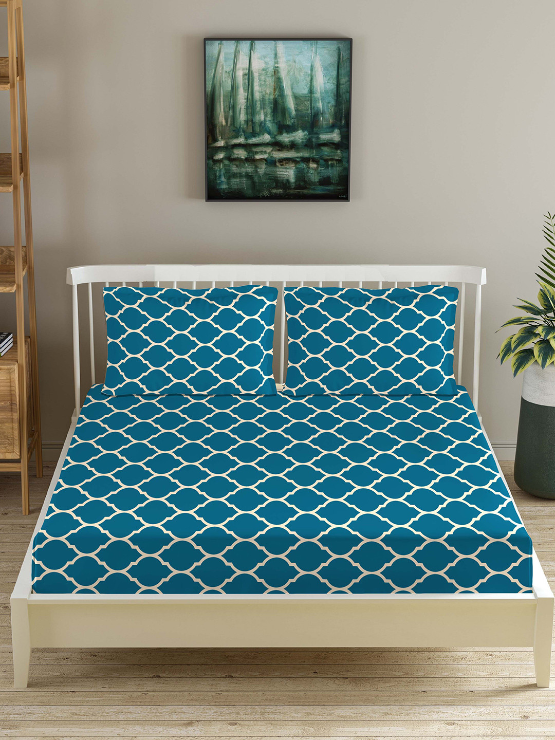 Trance Home Linen Blue Geometric Cotton 210 TC Fitted Queen Fine Bedsheet with 2 Pillow Covers-78 x 60 inches