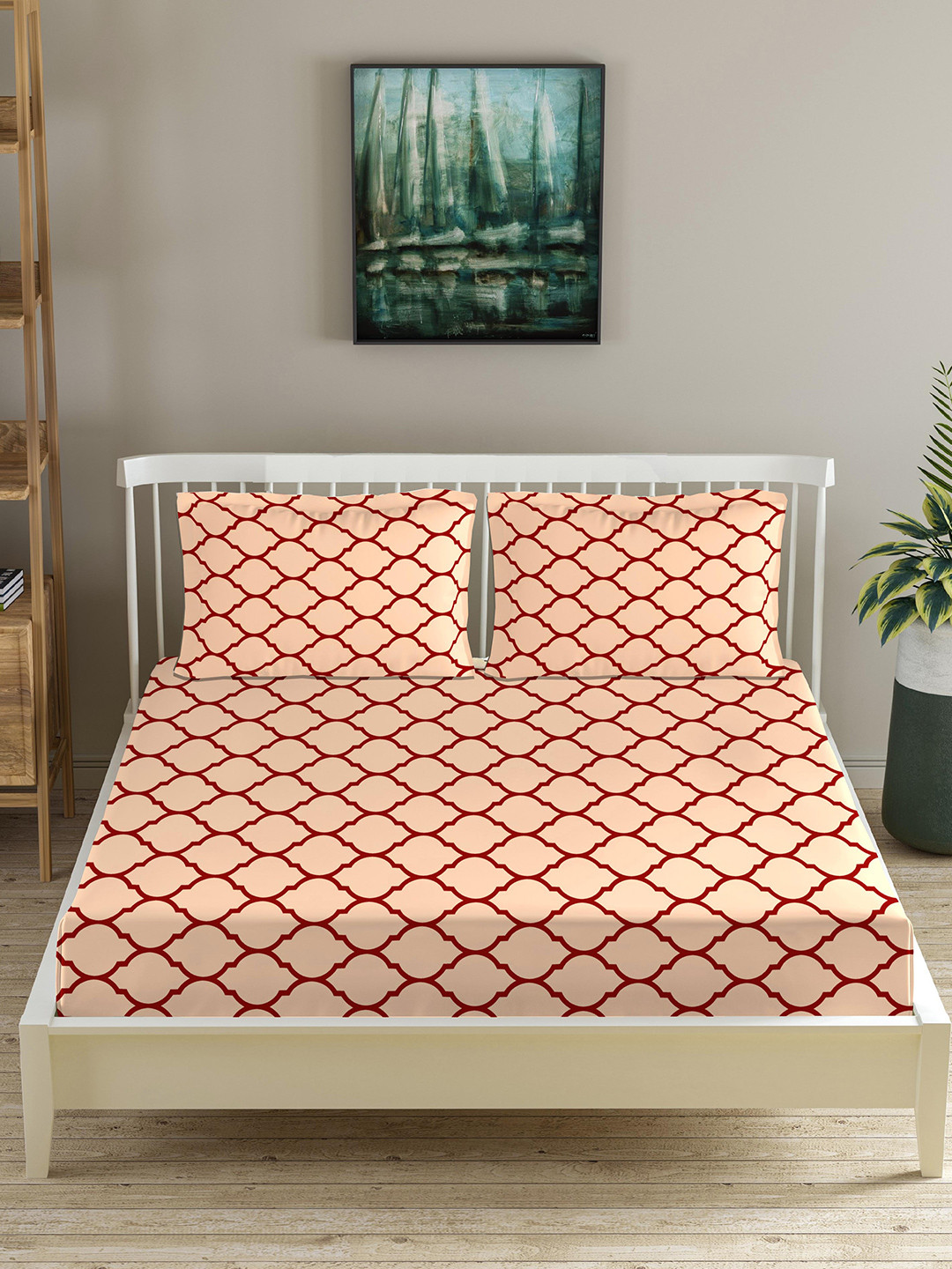 Trance Home Linen Dori Red Geometric Cotton 200 TC Fitted Queen Fine Bedsheet with 2 Pillow Covers-78 x 60 inches