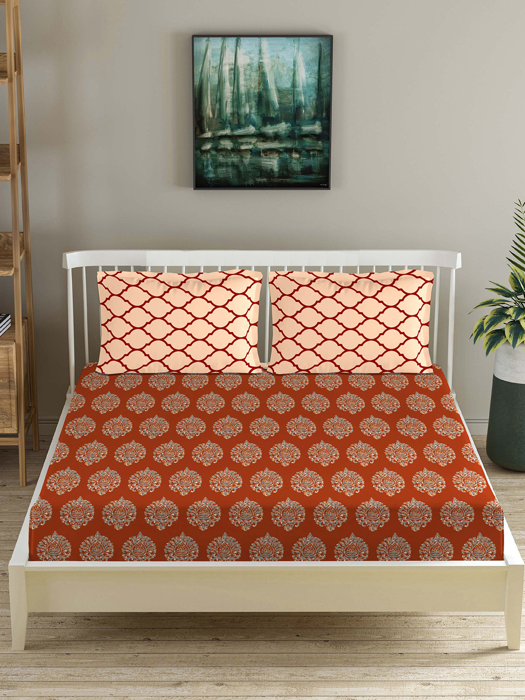 Trance Home Linen Damask & Dori Red Floral Cotton 210 TC Fitted Queen Fine Bedsheet with 2 Pillow Covers-88 x 100 inches