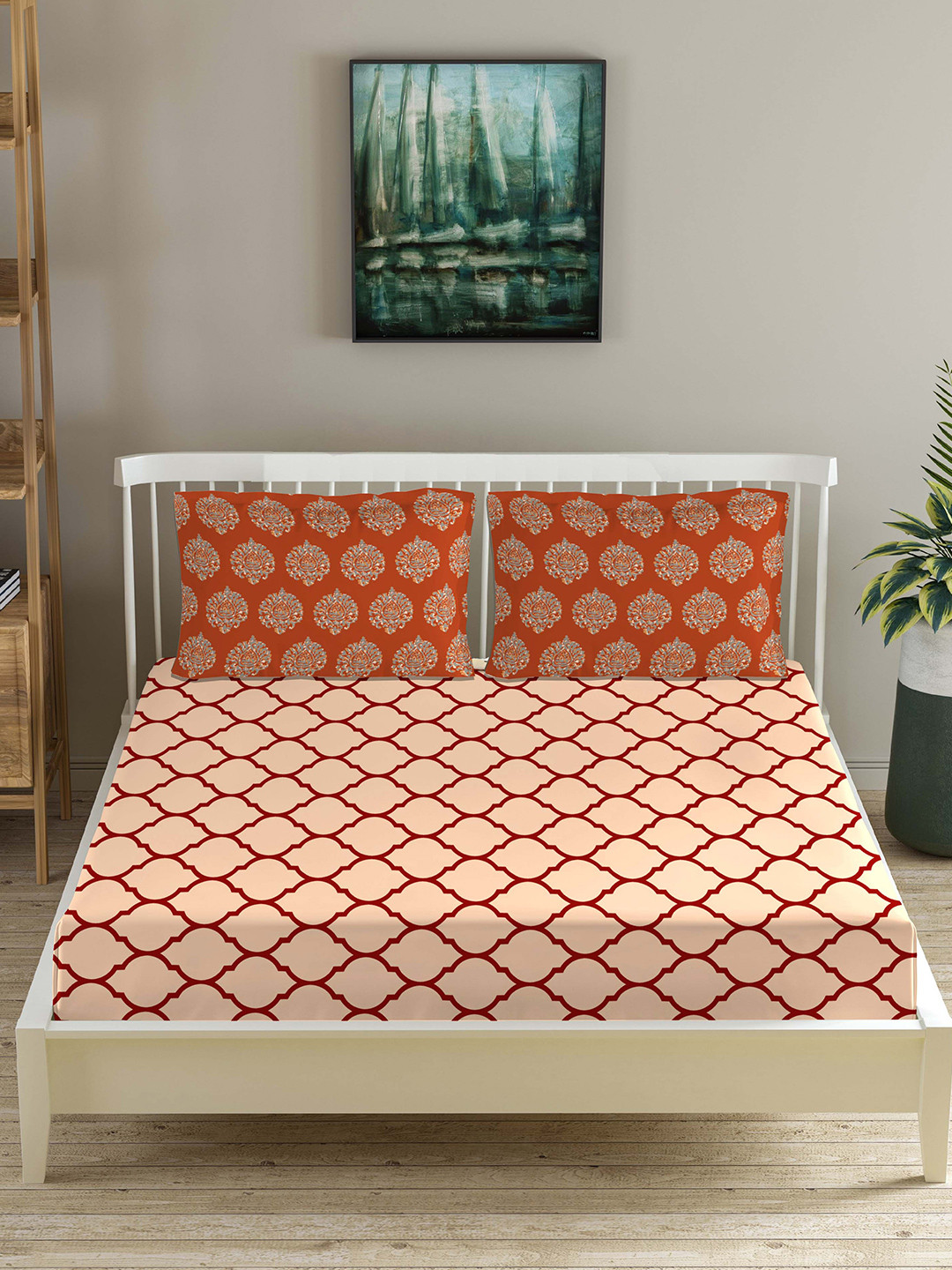 Trance Home Linen Dori &Amp; Damask Red Geometric Cotton 200 TC Fitted Queen Fine Bedsheet with 2 Pillow Covers-78 x 60 inches