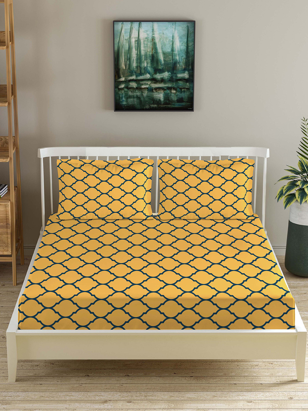 Trance Home Linen Dori Yellow Ethnic Motifs Cotton 210 TC Fitted Queen Fine Bedsheet with 2 Pillow Covers-78 x 60 inches