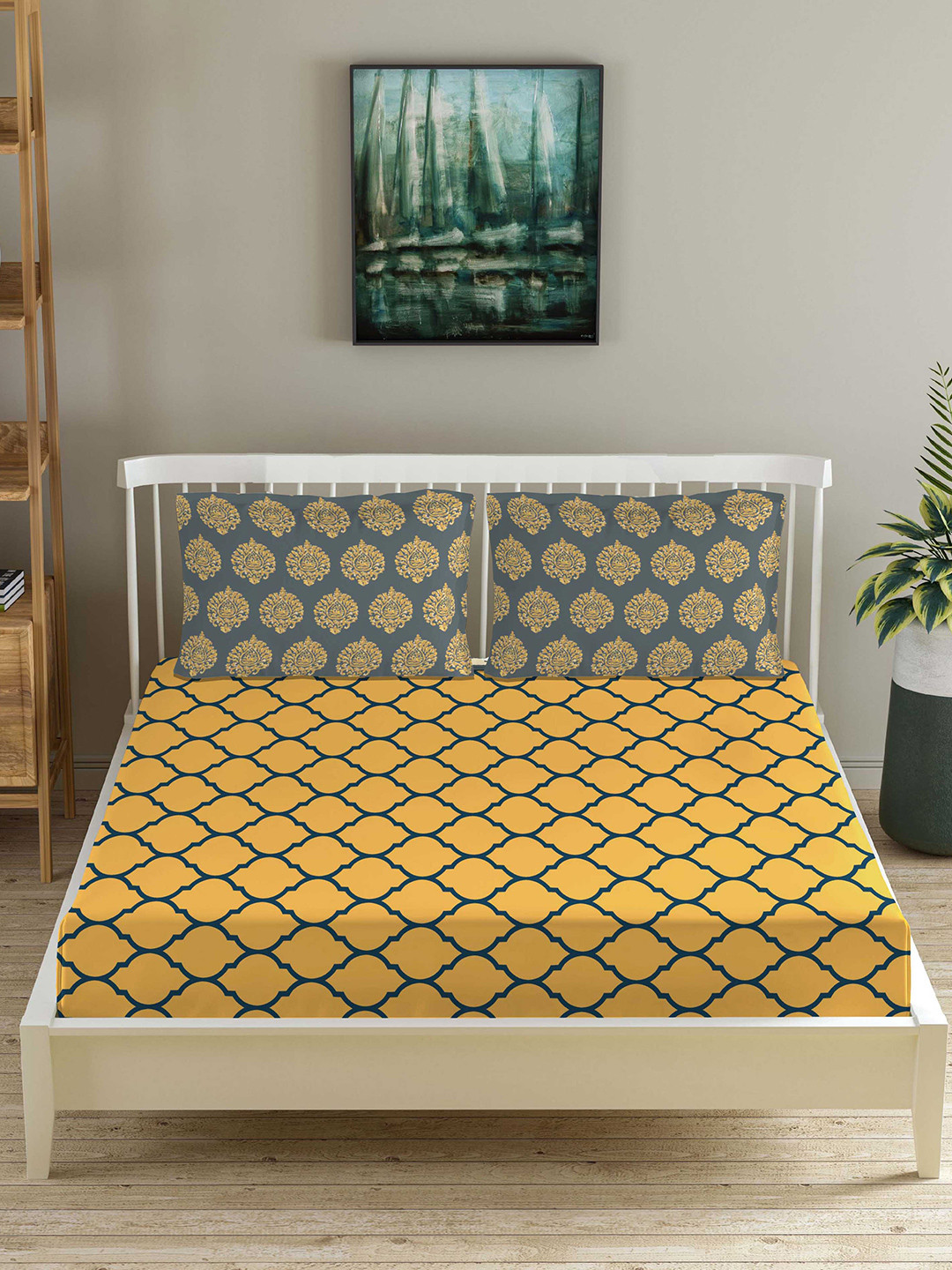 Trance Home Linen Yellow Ethnic Motifs Cotton 210 TC Fitted Queen Fine Bedsheet with 2 Pillow Covers-152 x 152 cm