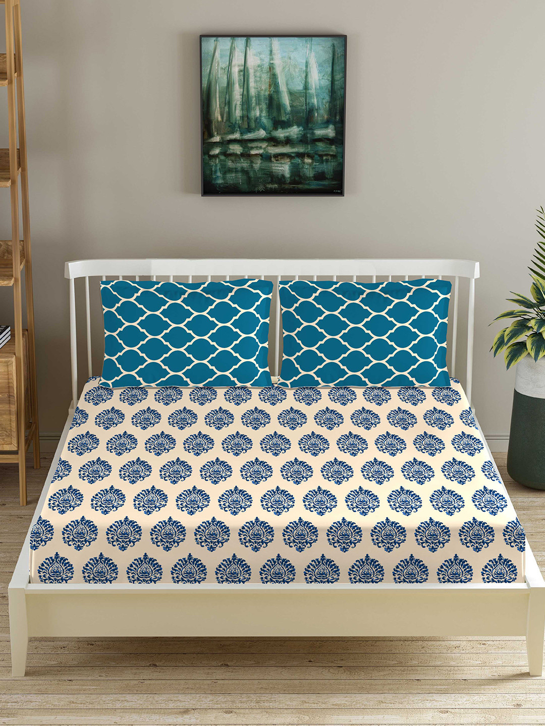 Trance Home Linen Unisex Blue 200 TC King Printed Cotton Bedsheet with 2 Pillow Covers
