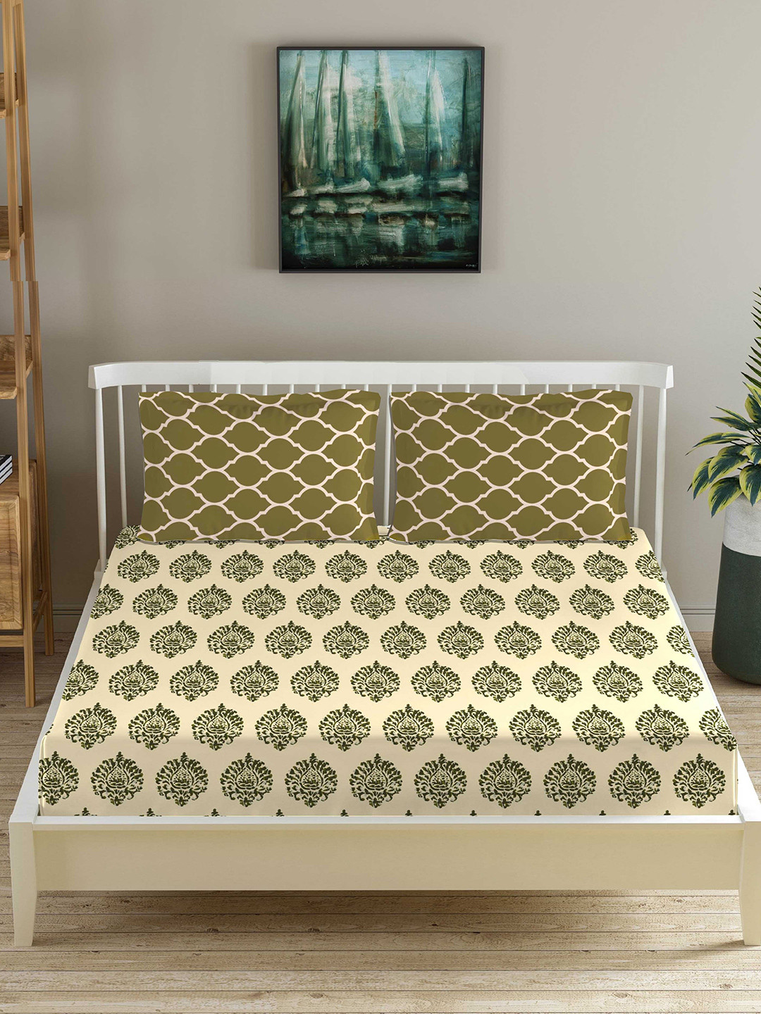 Trance Home Linen Damask And Dori Green Floral Cotton 210 TC Fitted King Fine Bedsheet with 2 Pillow Covers-78 x 72 inches