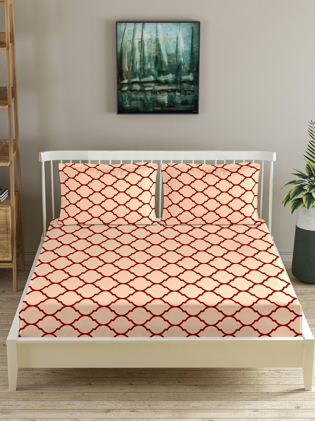 Trance Home Linen Dori Red Ethnic Motifs Cotton 210 TC Fitted King Superfine Bedsheet with 2 Pillow Covers-108 x 108 inches