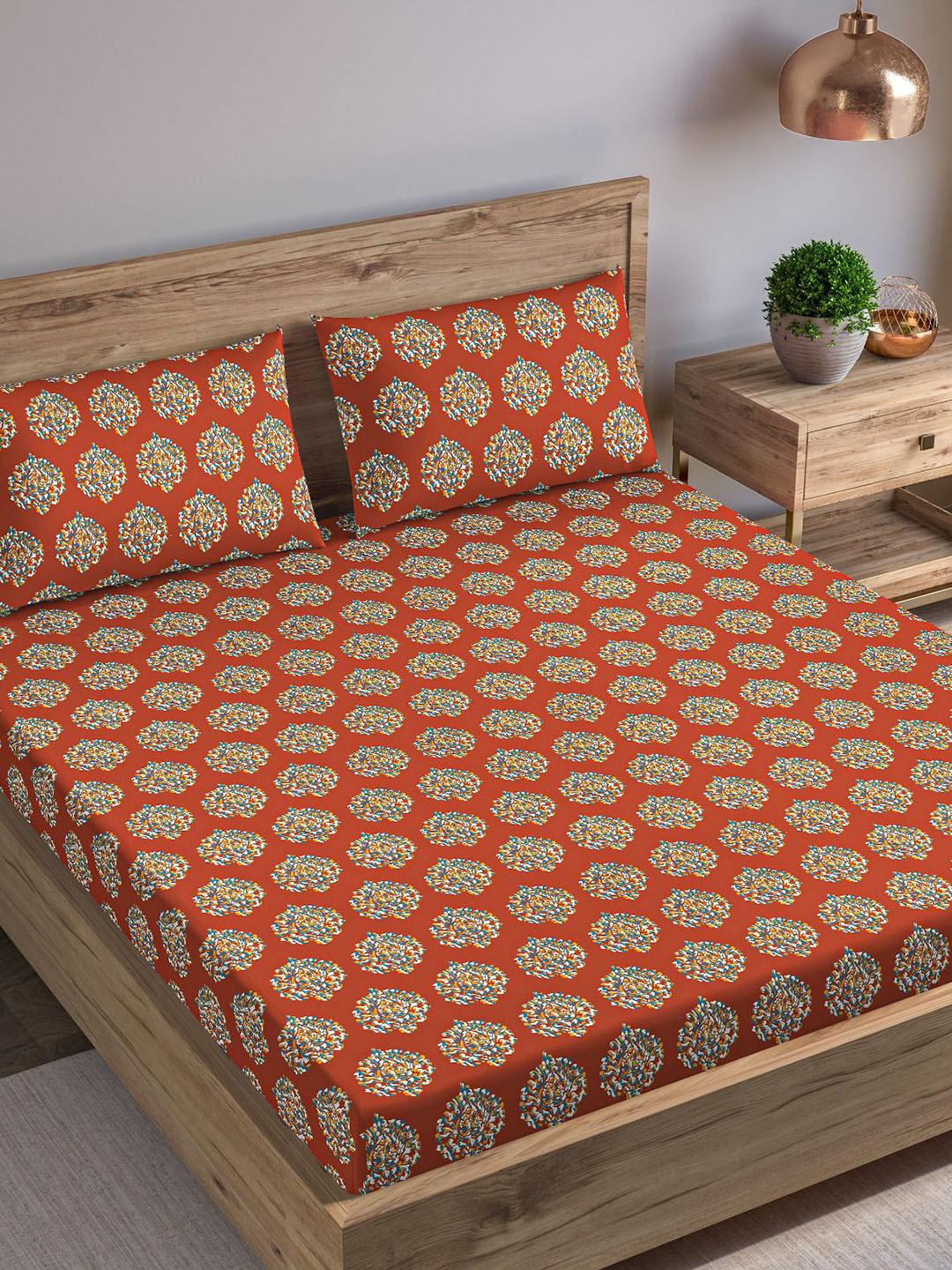 Trance Home Linen Damask Red Floral Cotton 210 TC Fitted King Fine Bedsheet with 2 Pillow Covers-198 x 182 cm