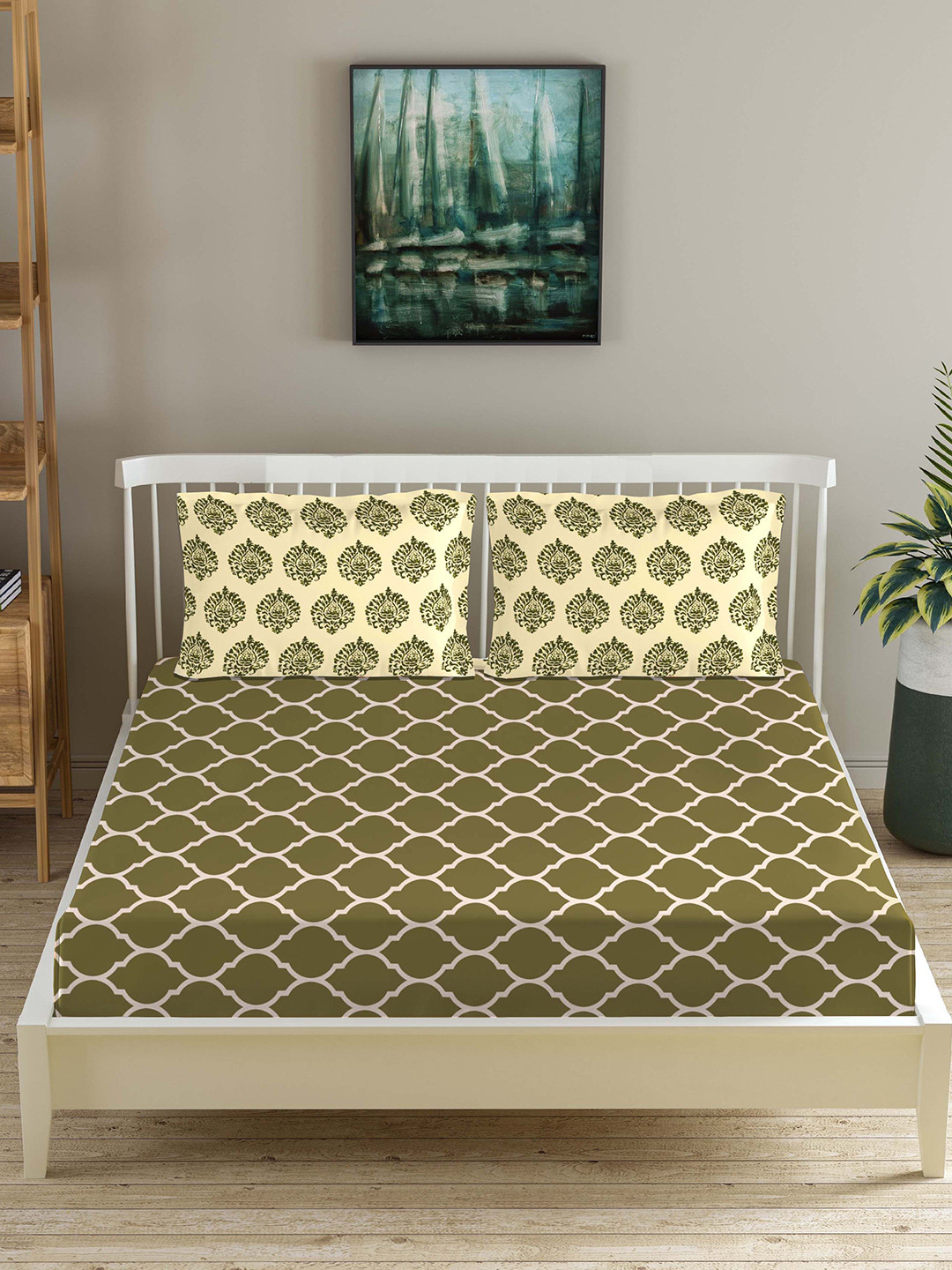 Trance Home Linen Dori And Damask Green Ethnic Motifs Cotton 200 TC Fitted King Fine Bedsheet with 2 Pillow Covers-108 x 108 inches