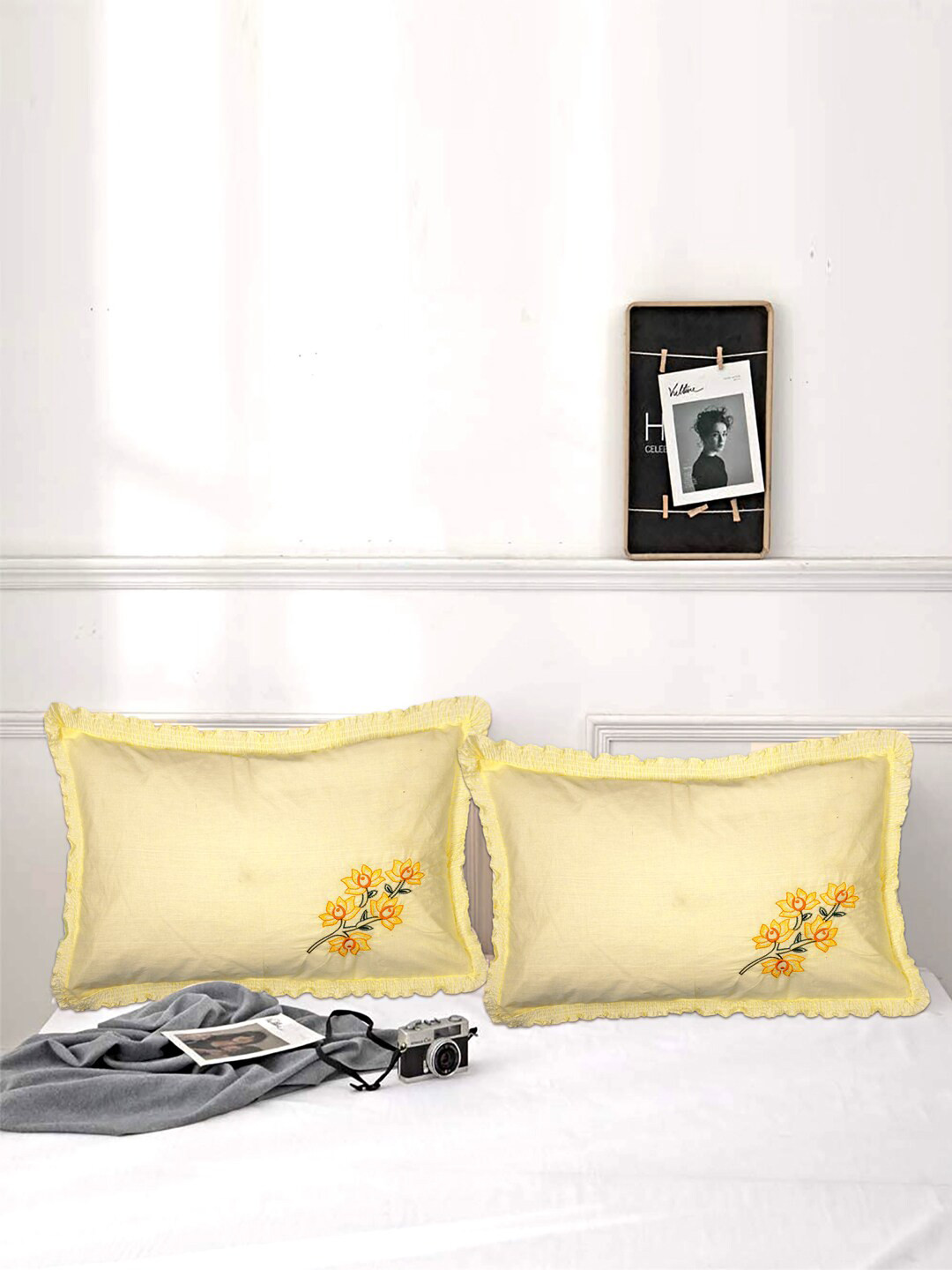 Kuber Industries Yellow Cotton Embroidered Pillow Covers Set Of 4
