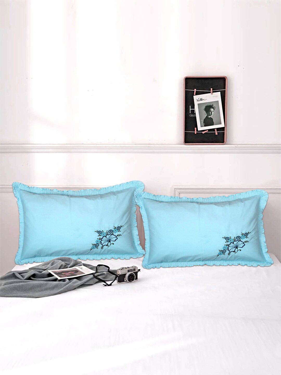 Kuber Industries Set Of 4 Blue Embroidered Cotton Pillow Covers