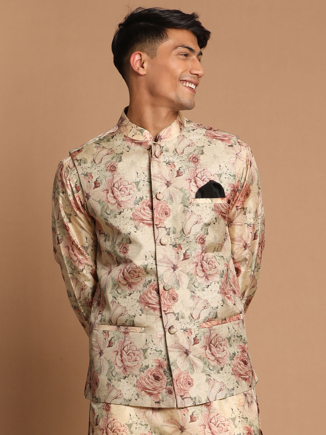VASTRAMAY Men Beige & Pink Floral Printed Slim Fit Nehru Jacket