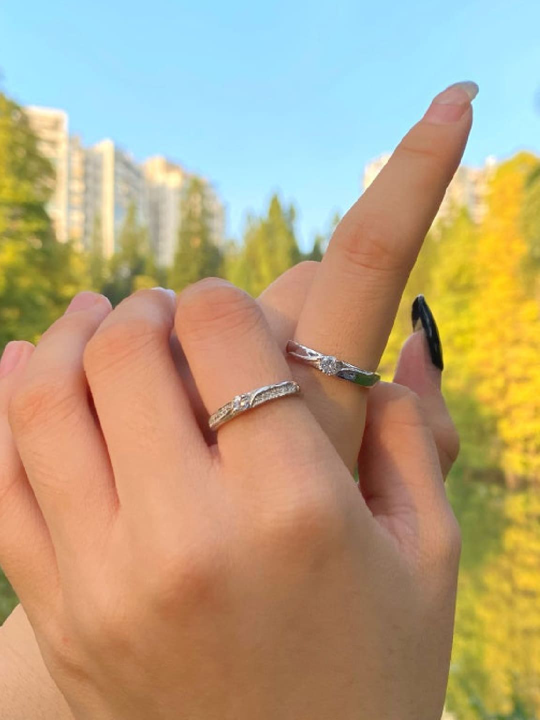 PALMONAS Set Of 2 925 Sterling Silver -Studded Couple Finger Ring