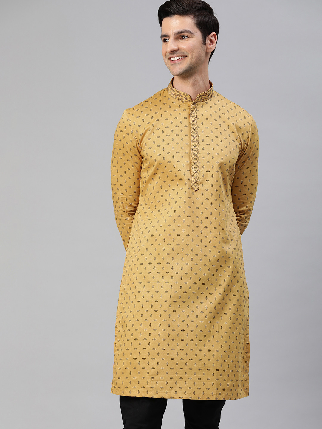 Manthan Men Yellow Geometric Printed Straight Mandarin Collar Kurta