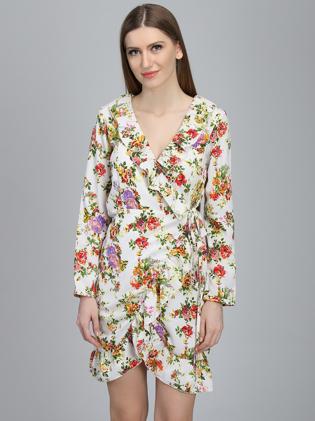 DODO & MOA Off White & Red Floral Crepe Wrap Ruffled Dress