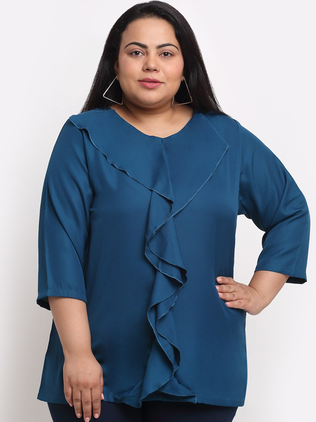 plusS Blue Ruffles Styled Back Plus Size Top