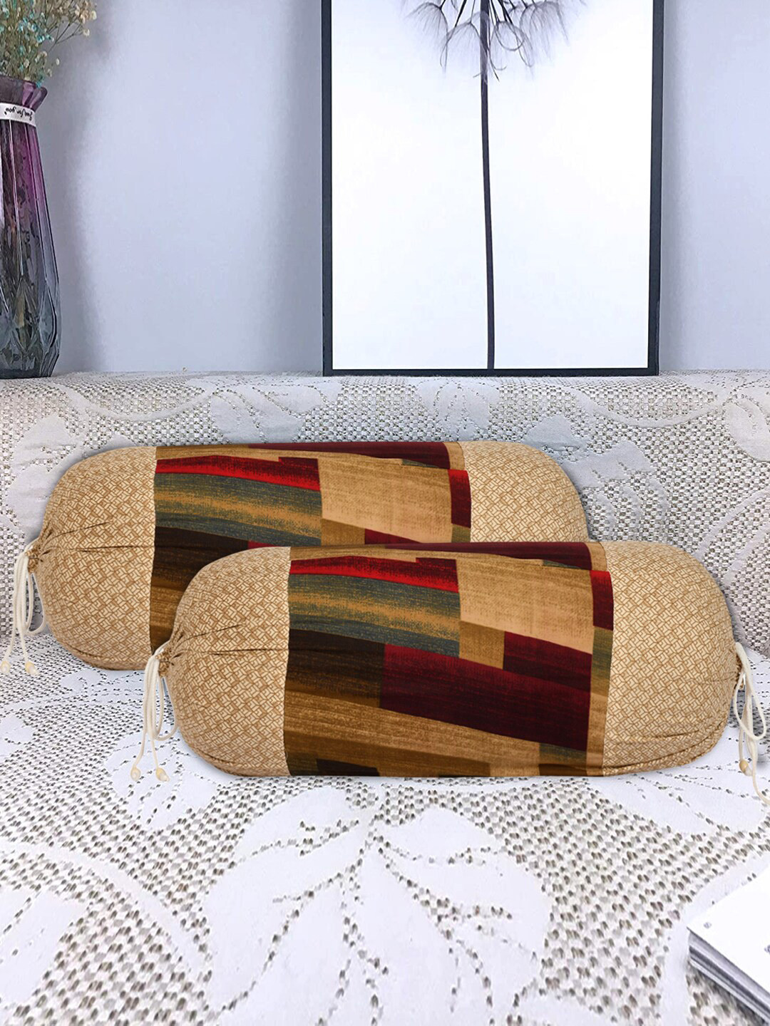 Kuber Industries Set Of 4 Cream-Coloured Checked & Floral Printed Bolster Cover