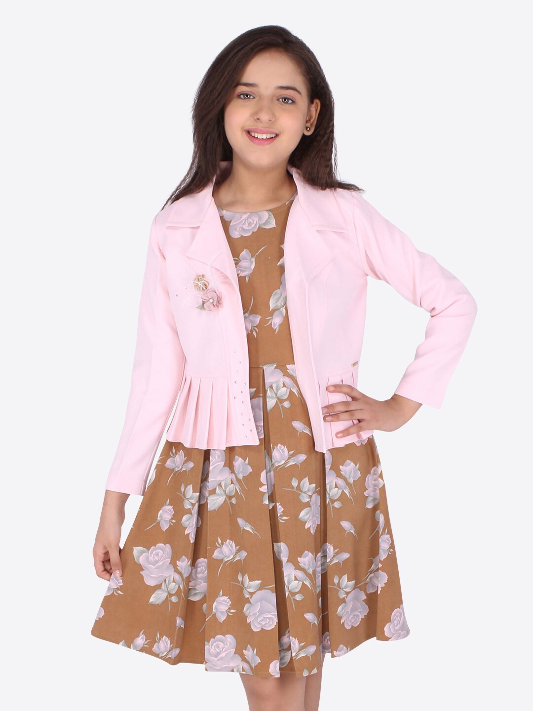 CUTECUMBER Girls Brown & Pink Floral Jacquard Dress with Shrug